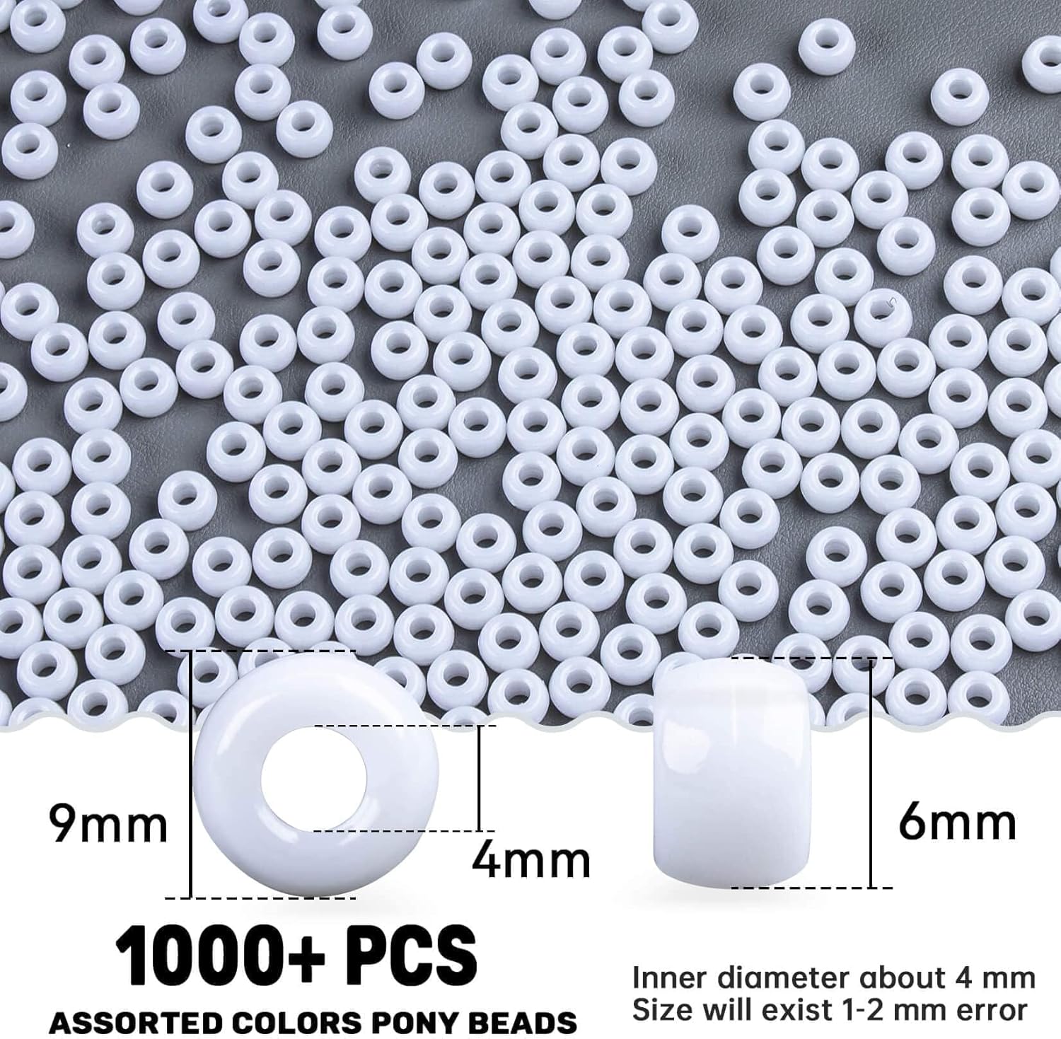 1000+ Pcs Pony Beads - Sukh White Pony Beads Bulk 6x9 mm Hair Beads Plastic Acrylic Braid Bead with Holes for Hair Braiding DIY Crafts Necklace Key Chains - Image 2