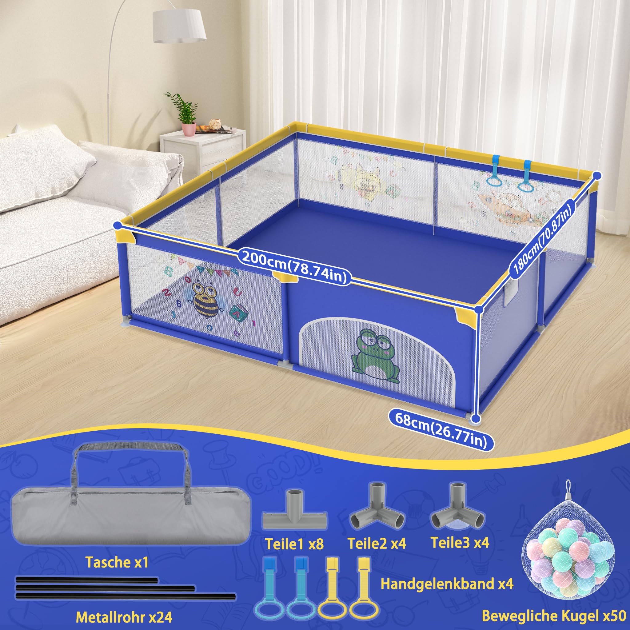 Aufun Box per Bambini, Tela 300D Oxford, con Schiuma Anti-Collisione, Griglia di Blocco, Rete Traspirante, Cerniera (Blu, 180x200x68 cm)