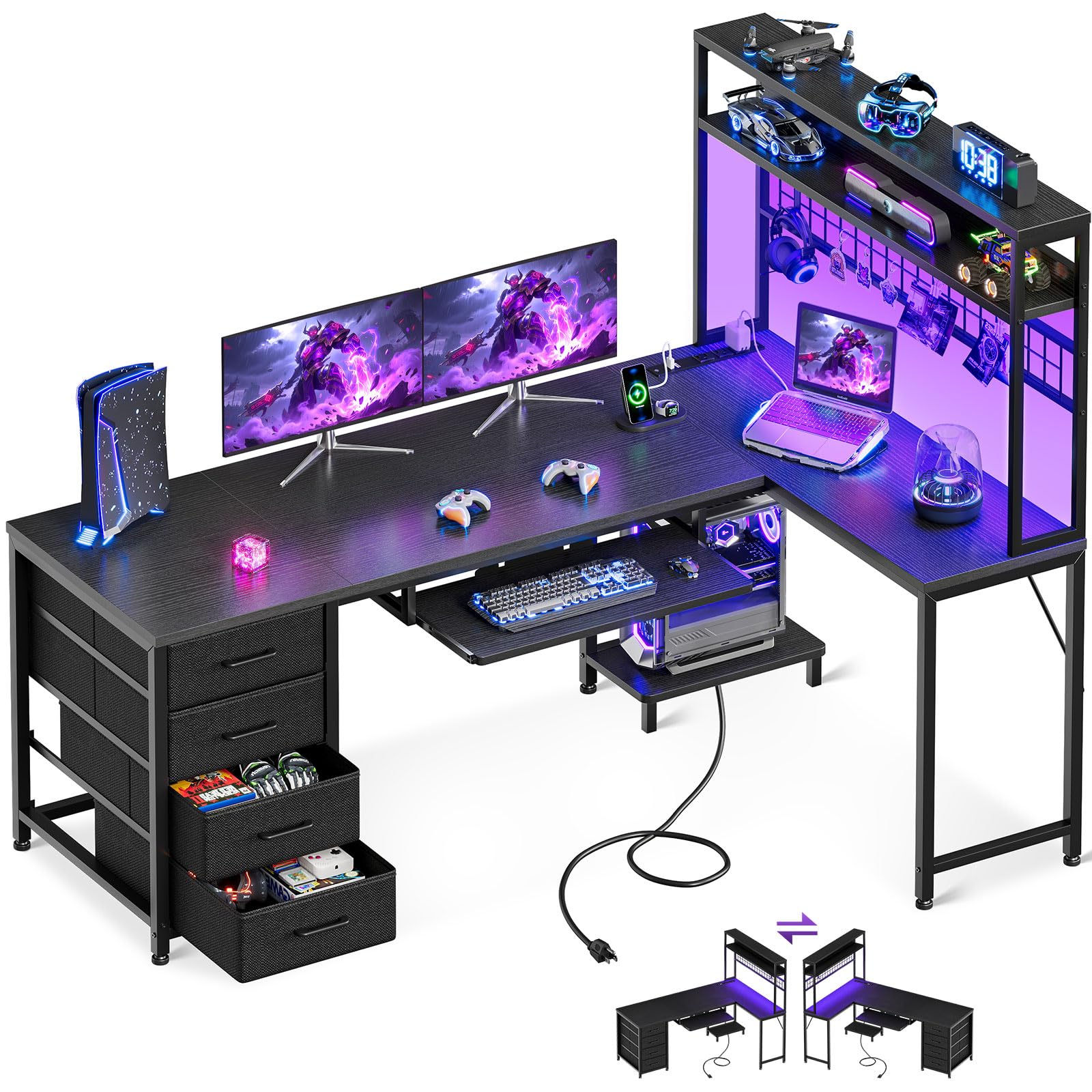 AODK 59 Inch L Shaped Desk with 4 Drawers, Gaming Desk with Led Lights & Power Outlets, Computer Desk with Pegboard & Keyboard Tray, Reverisble Home