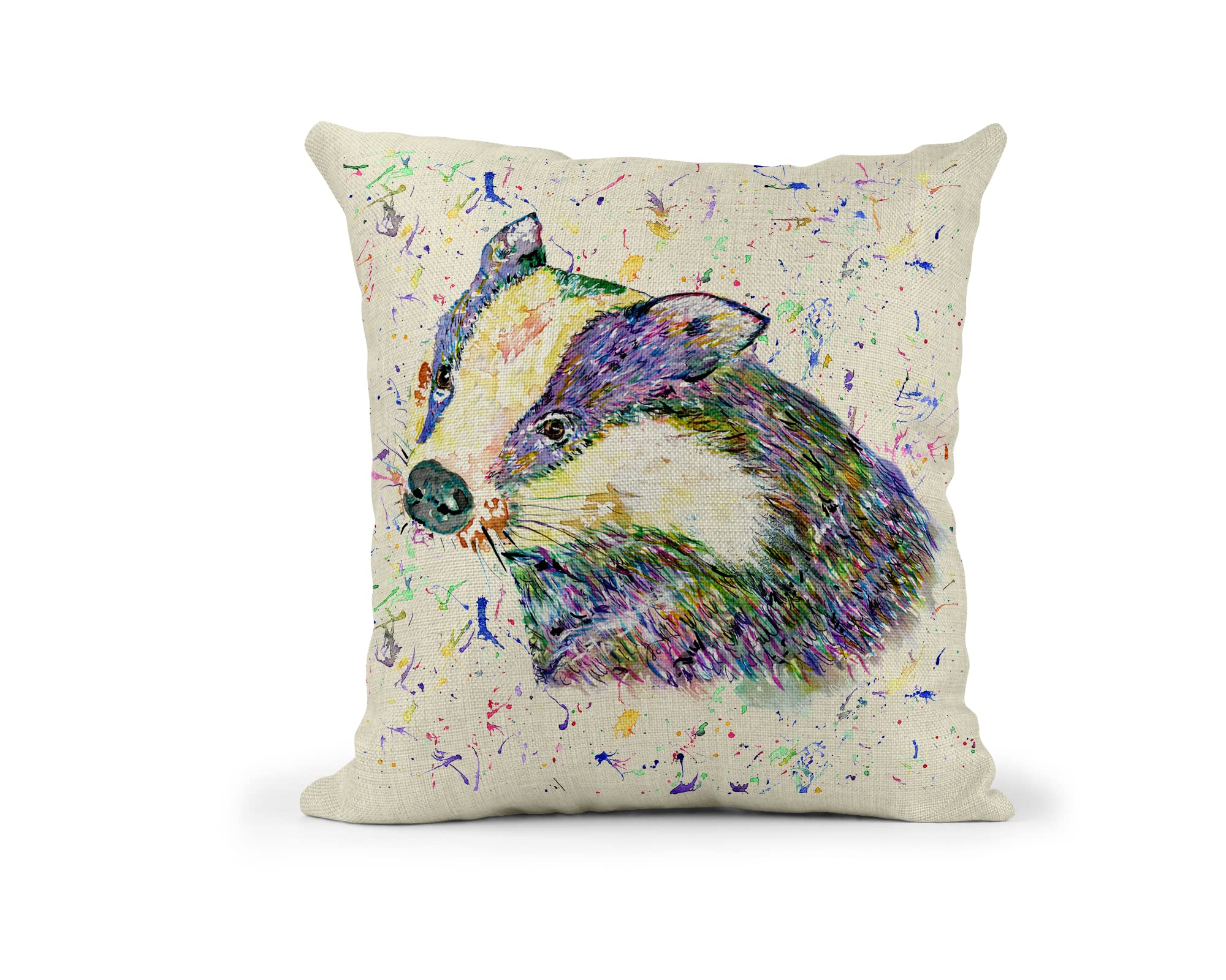 Vixar Badger Watercolour British Wildlife rainbow Art animals Linnen Cushion With filling or cover only, 40x40cm, gift, christmas, Birthday (with insert)
