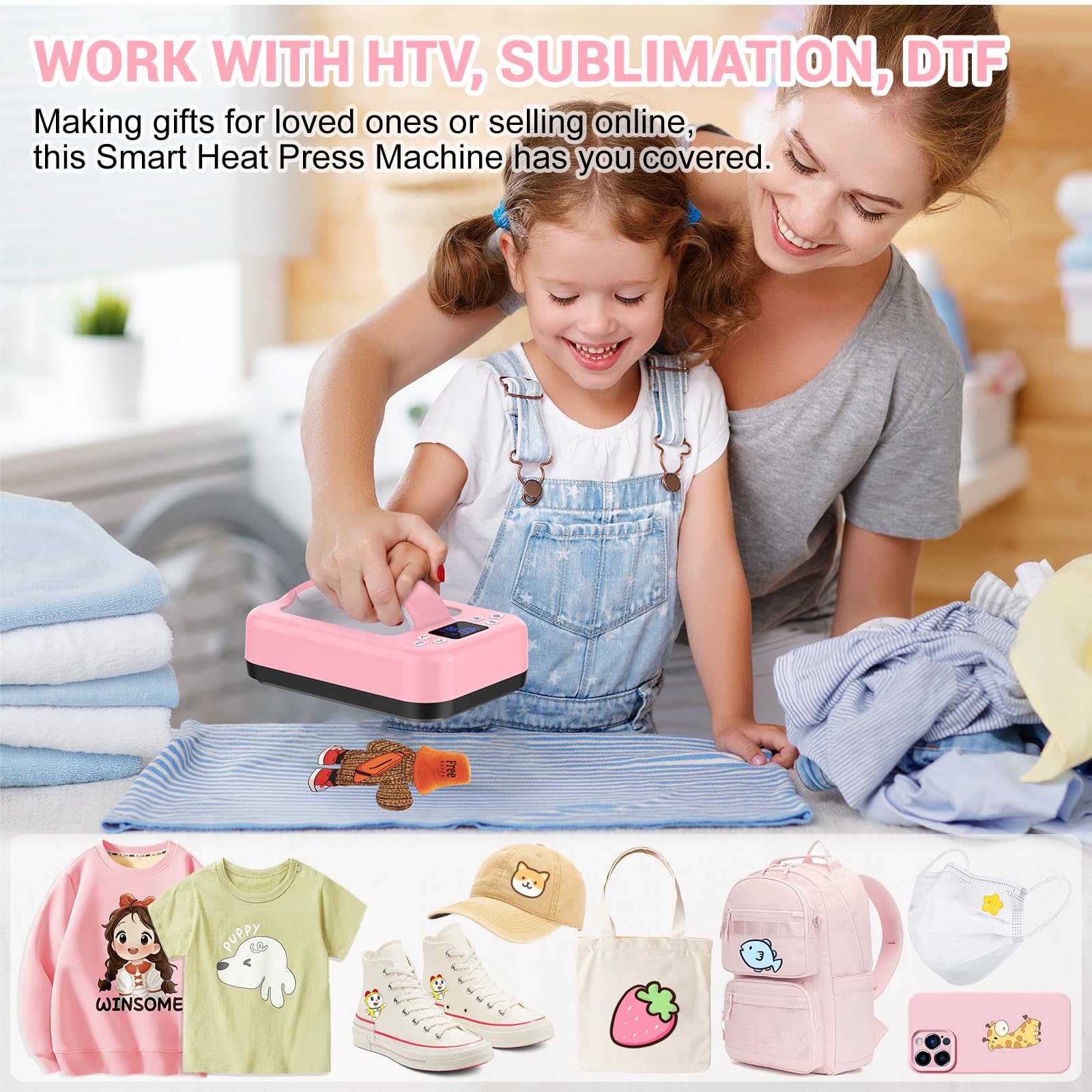 Mini-Heißpresse für T-Shirts, pink, 17 x 12 cm, tragbar, mit App-Steuerung, automatischer Abschaltung, isolierter Sicherheitsbasis, ideal für Sublimation, HTV-Vinyl-DIY-Projekte und Transferdruck