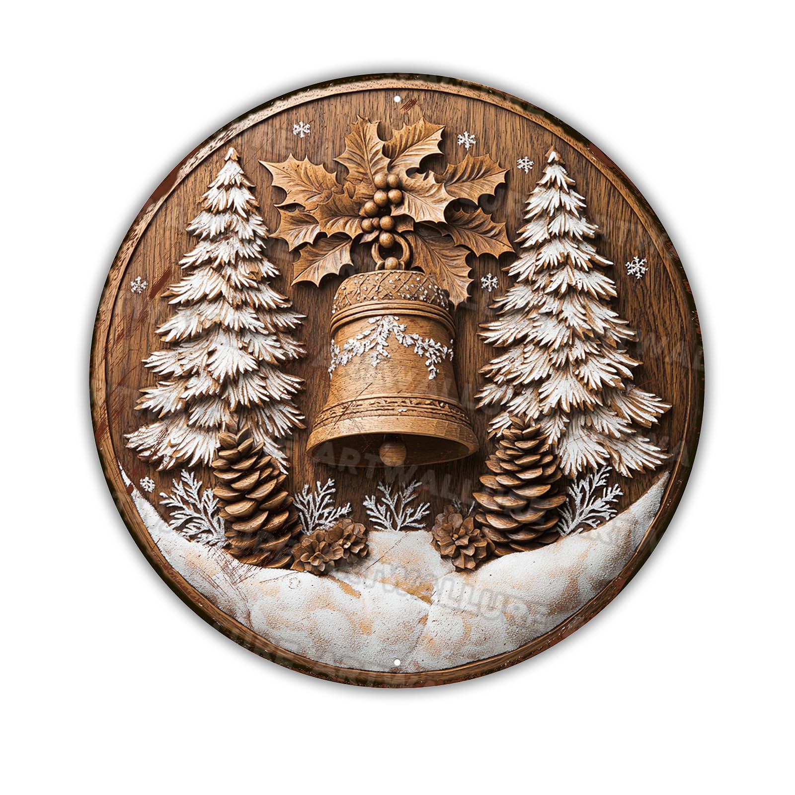 Vintage 2D Look Christmas Wreath Round Metal Sign, Winter Wall Decor for Living Room Fireplace Mantel and Entryway Accent Wall 8x8Inch