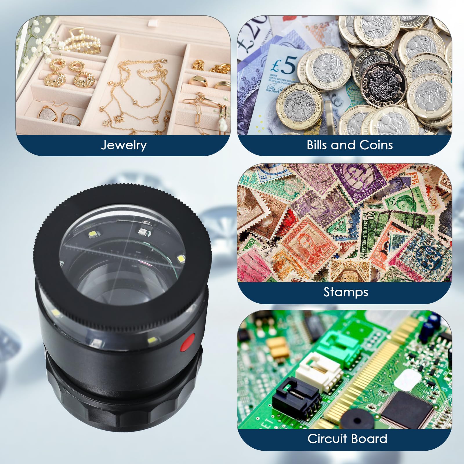 10-fache LED-Lupe mit 4 Skalen, wiederaufladbar über USB, Schmucklupe, verstellbarer Fokus, Taschenlupe für Schmuck, Uhren-Reparatur, Münzen, Briefmarken