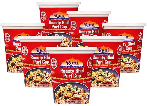 Rani Roasty Bhel Puri Cup (aperitivo indio picante y crujiente con chutney indio que hace la boca) 3.5 oz (100 g), paquete de 6+1 gratis listo para