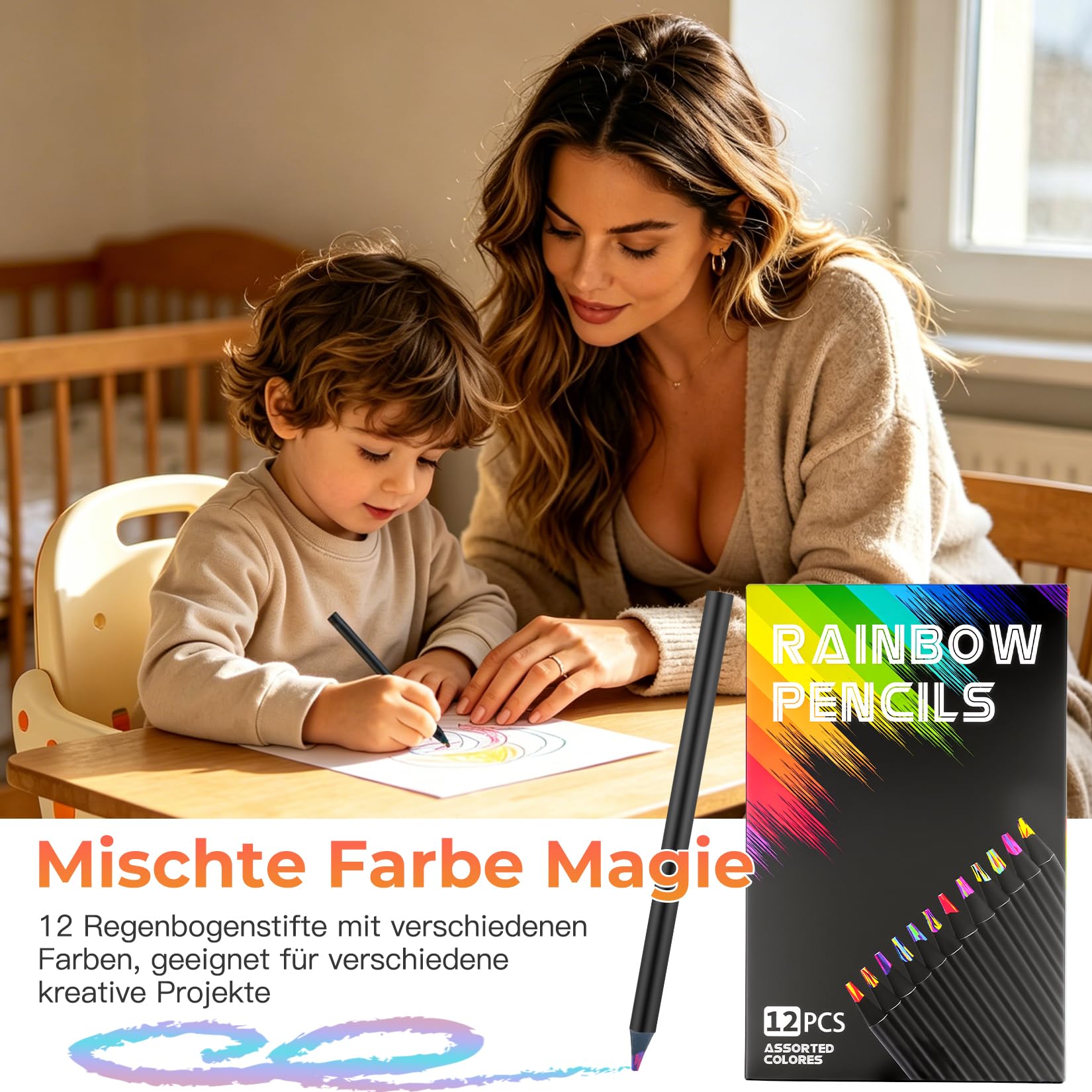 12 Crayons Arc-en-Ciel – Bois D'Ébène – Mine 0,5 Cm – Pigments Triples – Avec Taille-crayon – Cadeau Enfant 4-12 Ans