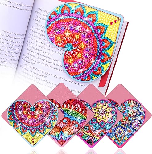 Marcapáginas de arte de diamantes de corazón, 4 marcadores de arte de diamantes para amantes de los libros, accesorios de arte de diamante, kits de