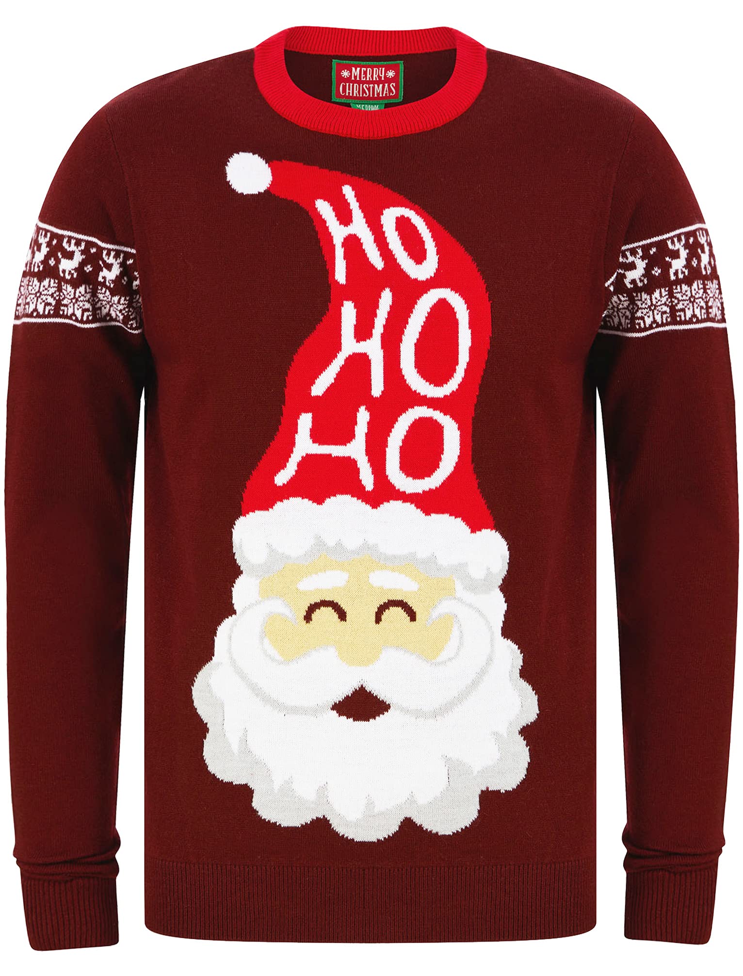 Santa Ho Ho Ho Motif Novelty Christmas Jumper in Claret – Merry Christmas - L
