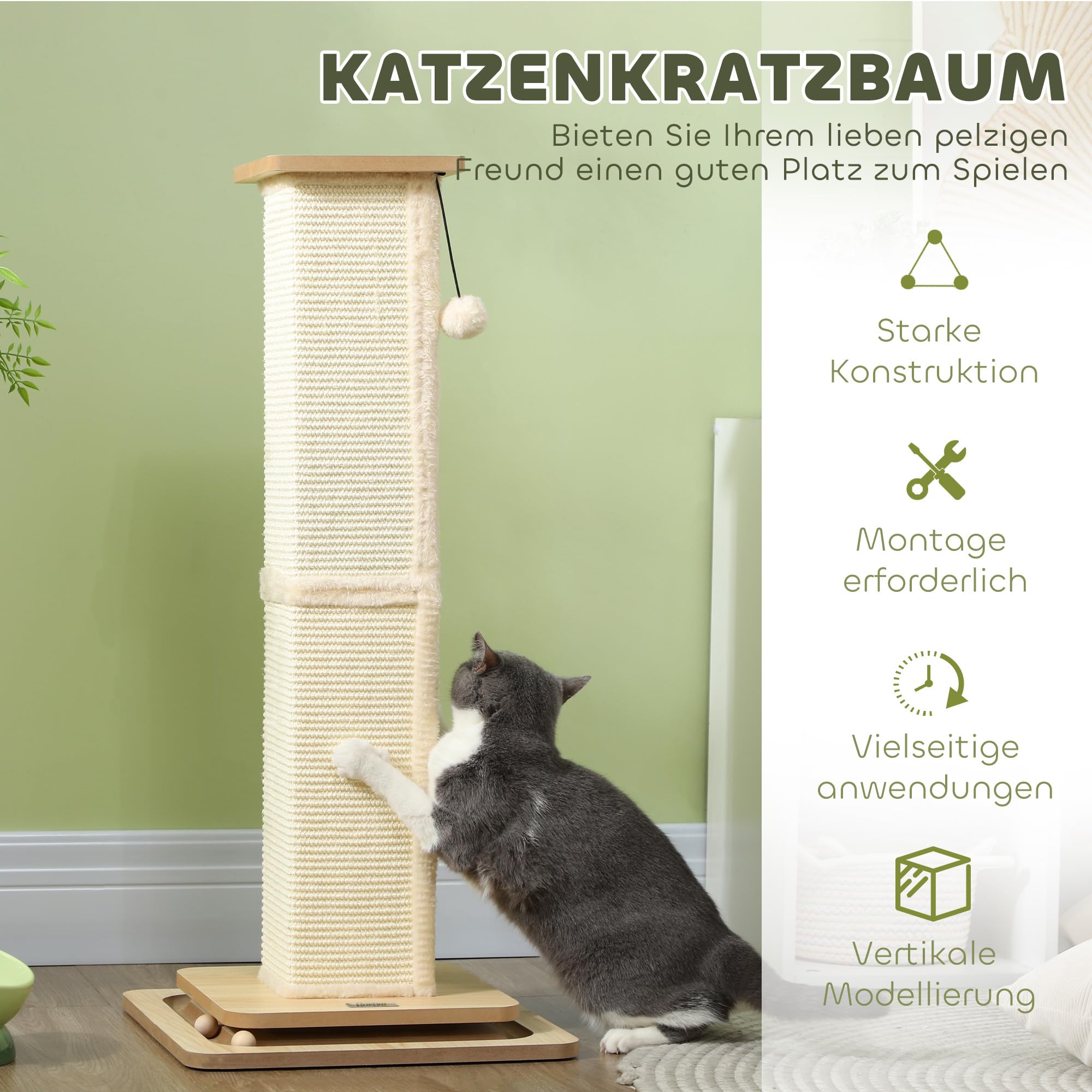 PawHut Kratzsäule für Katze 87 cm hoch Kratzbaum klein mit Spielball Sisalseil Kratzstamm Katzenbaum Sisalstamm für Katzen Eiche