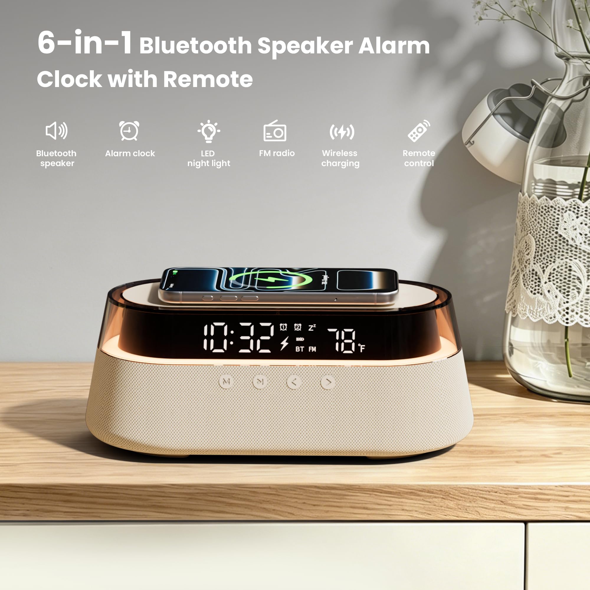 Altoparlante Bluetooth con Sveglia Caricatore Wireless 15W con Telecomando | Doppia Sveglia con Radio, Funzione Snooze e Luce Notturna per la Camera da Letto o l'ufficio Regalo Uomo Donne