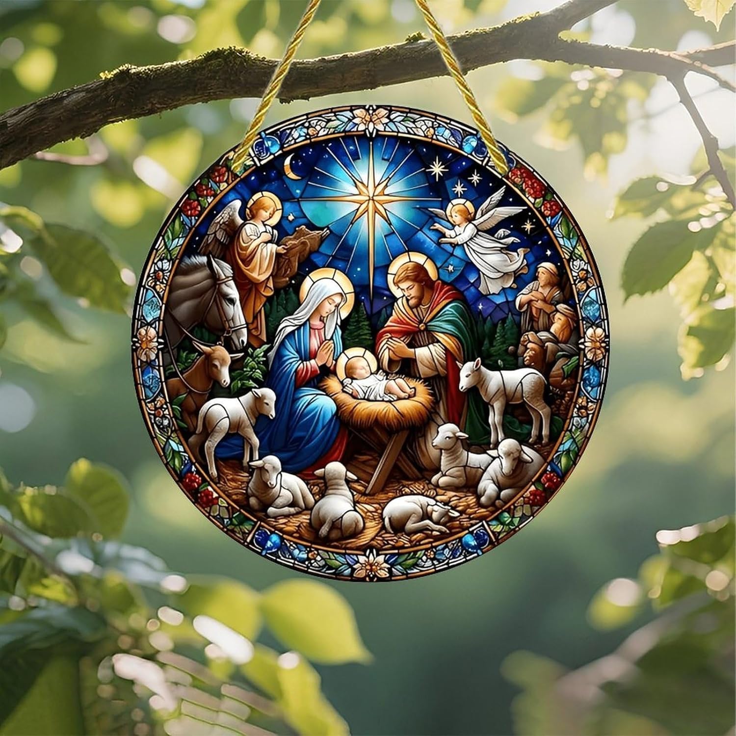 Acrílico colorido Suncatcher, presépio vitral de 18 cm, decoração de parede de janela suspensa com design de vitral impresso, ideia de presente e ornamento de jardim, uso interno e externo