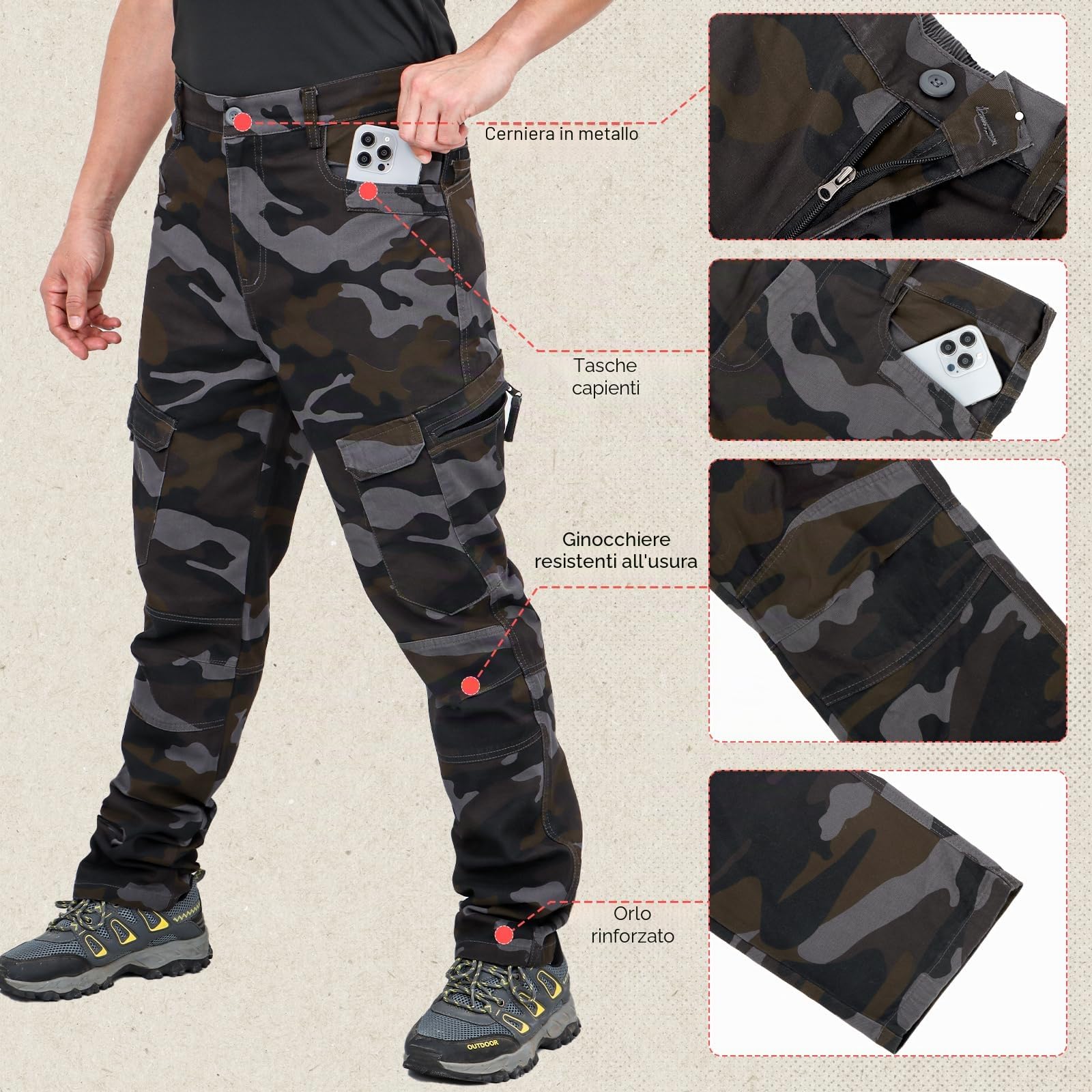 Pantaloni da Lavoro Cargo da Uomo, Pantaloni Casual da Esterno Mimetici in Cotone - Abbigliamento da Trekking da Campeggio con 10 Tasche