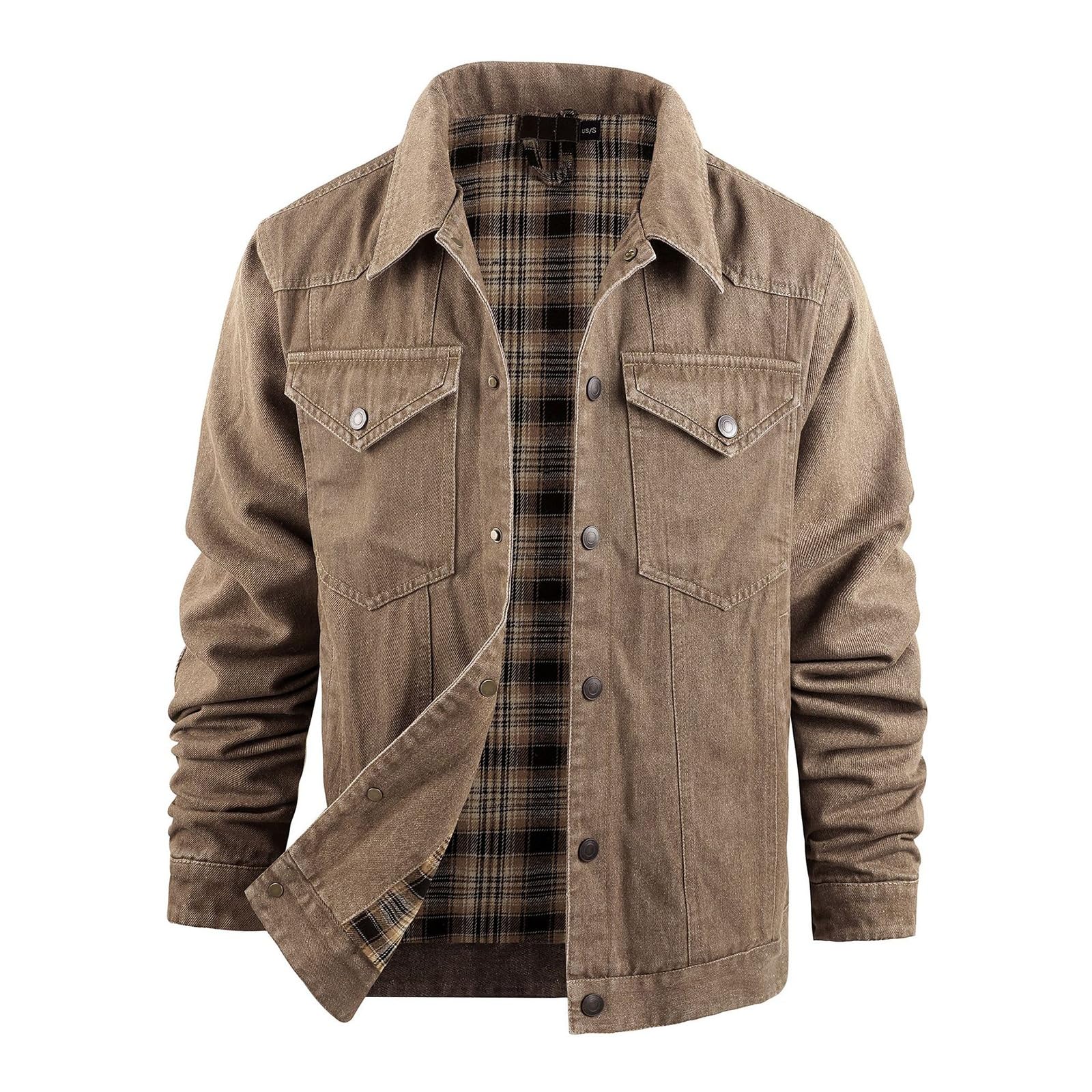 Męska Kurtka Dżinsowa w Kratę z Podszewką Snap Cowboy-Cut Western Classic Slim Fit Vintage Jacket Trucker Coat Brązowa Kurtka Dżinsowa Męska Kurtka z Odkrytymi Klapami z Przodu