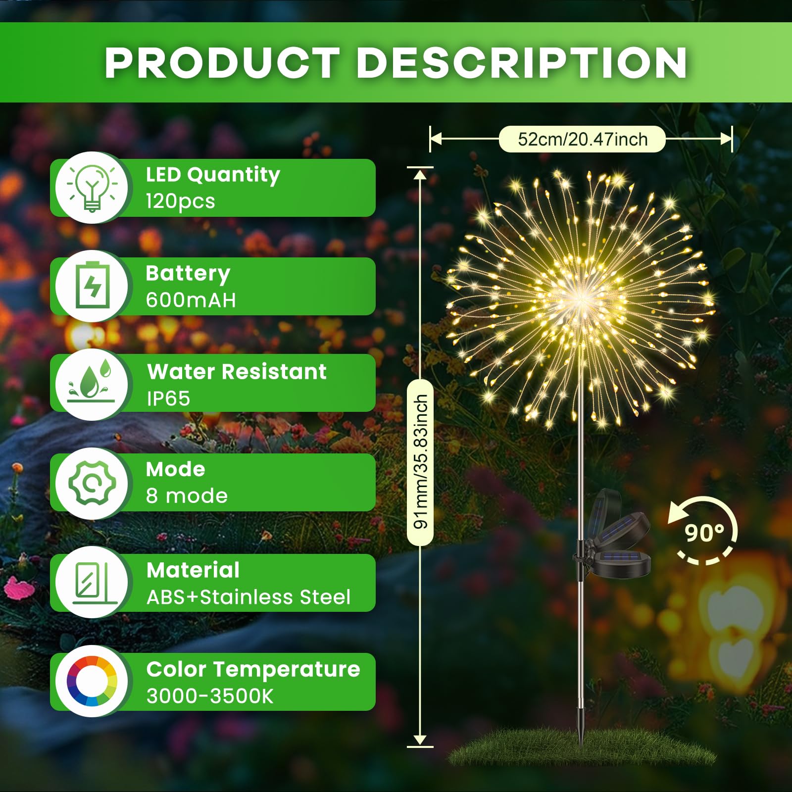 Lot de 4 Lampes Solaires d'extérieur pour Jardin, Feux d'artifice solaires en forme de pissenlit, 120 LED, 8 Modes, éclairage étoilé, Lampe de Jardin étanche pour Pelouse, allée, Cour, Blanc Chaud