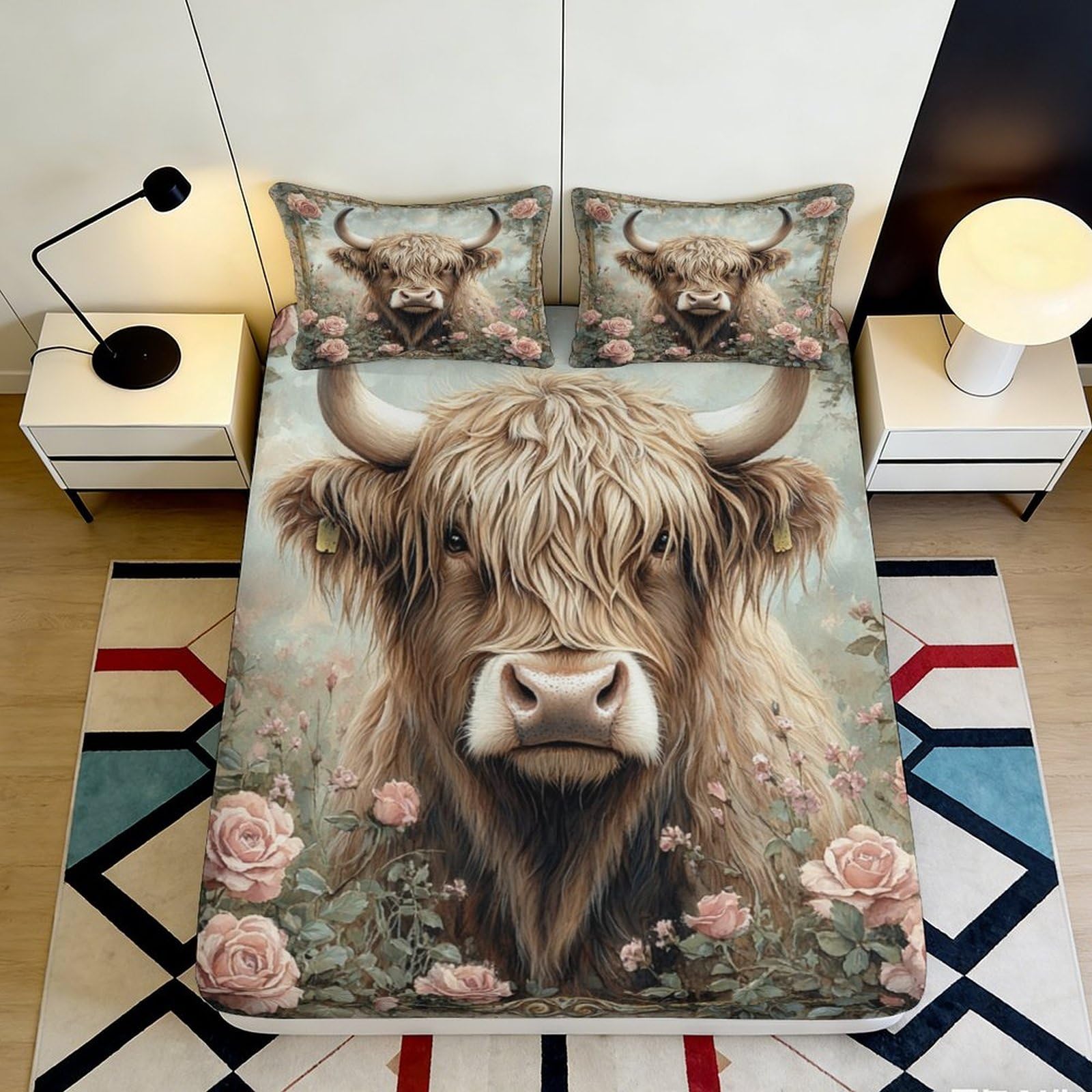 3D Printed Highland Cow Fitted Sheet Microfiber Mattress Cover for Bedroom, Dorm and Guest Room 90x200x25cm