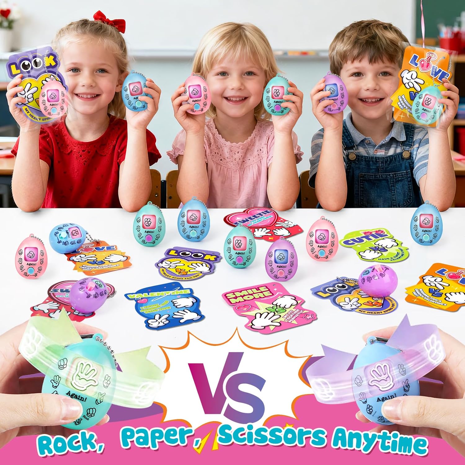 Valentines Day Cards for Kids School - 24 Pack Rock Paper Scissors Keychain Party Favors Bulk Toys with Cards, Valentines Day Gifts for Kids Classroom Prize School Exchange Boys Girls