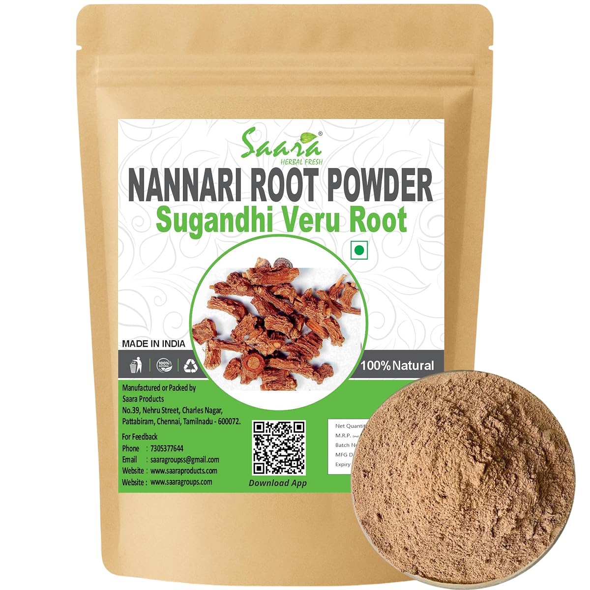 Saara HERBAL FRESH Nannari Root Powder, 50g, Kapuri, Naruninti,Anantamul,