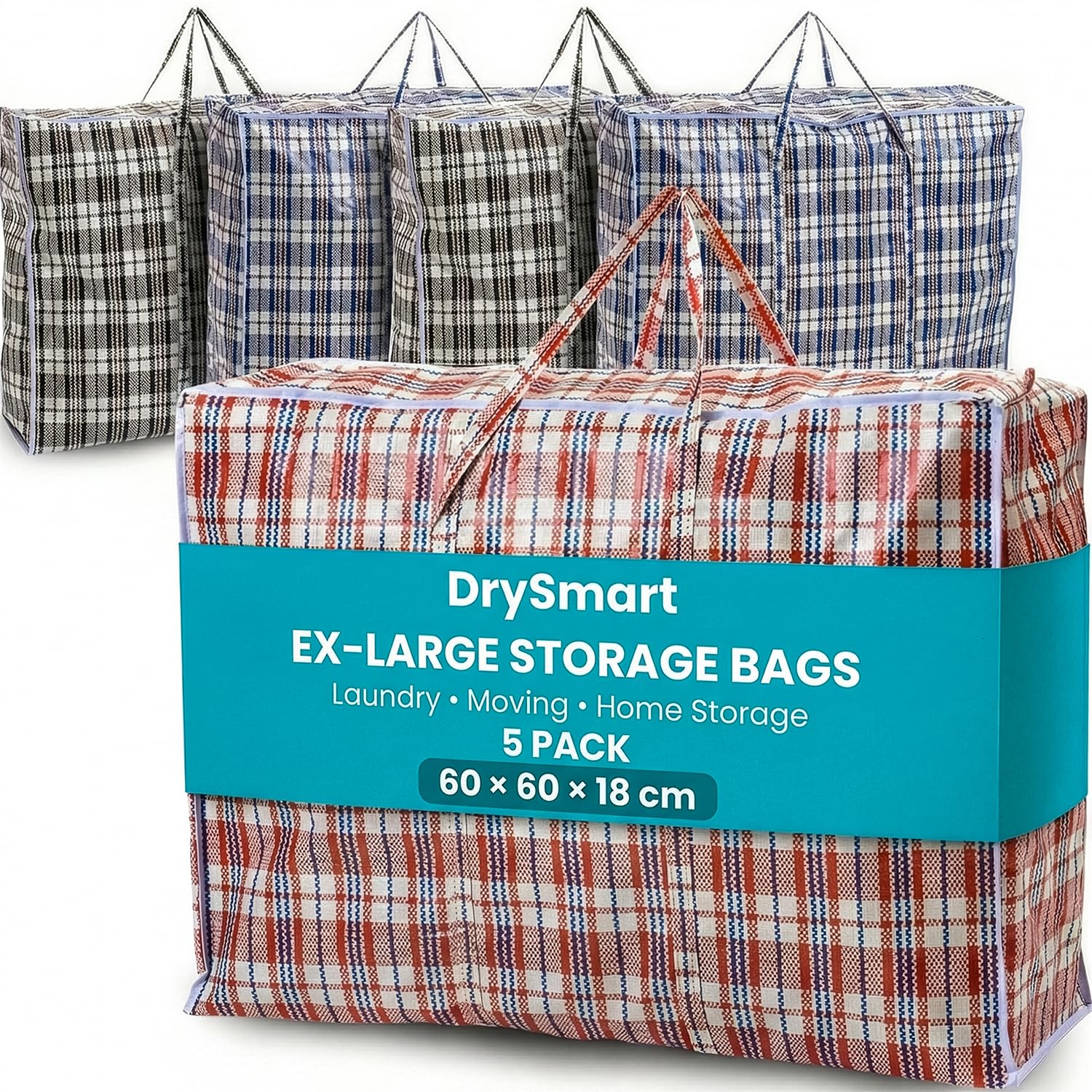 DrySmart 5 Pack Extra Large Storage Bags with Zips (60cmX60cmX18cm) – Durable, Waterproof, Reusable Laundry Bags for Clothes, Wardrobe, Laundry Organization, Moving & Home Storage