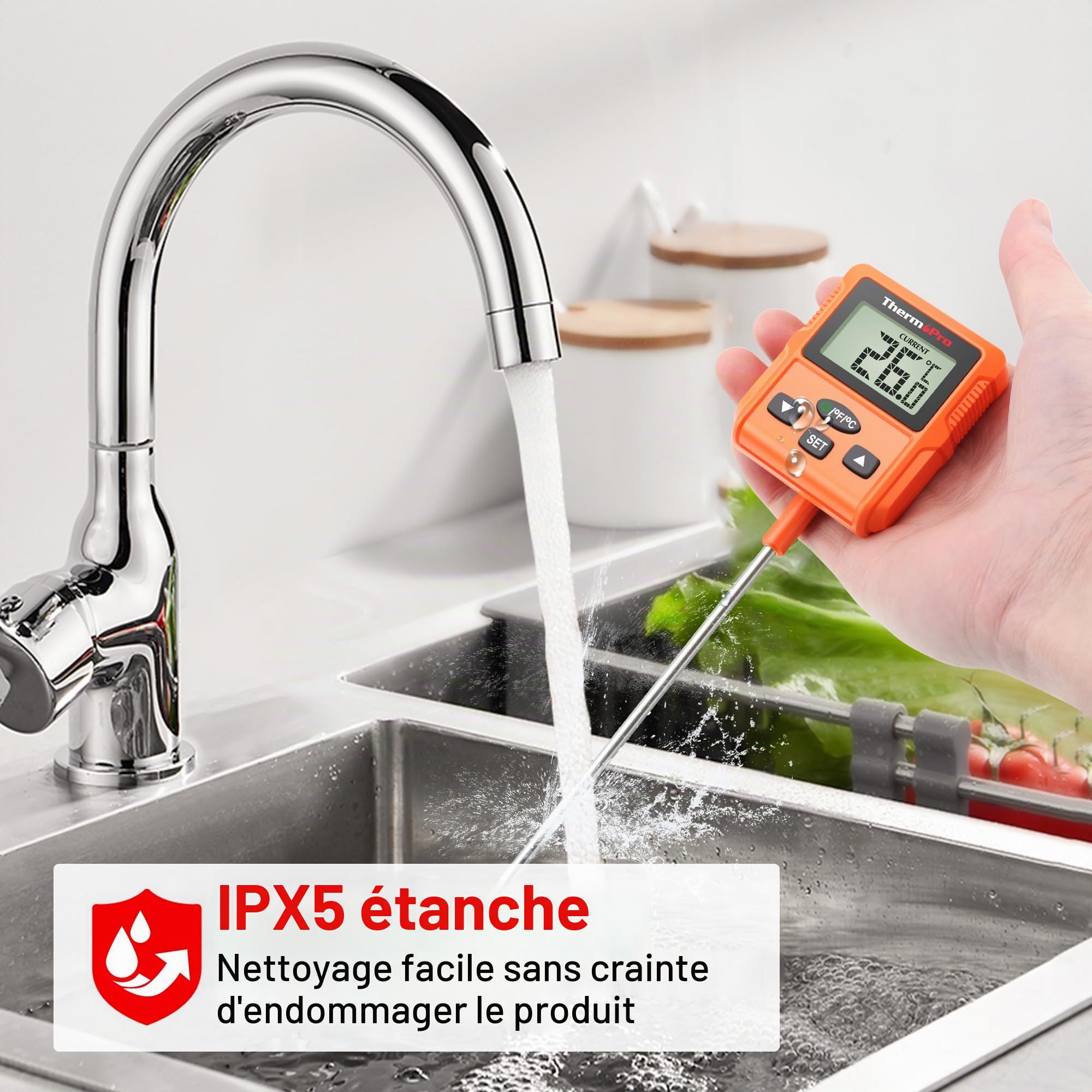 ThermoPro TP511 Thermomètre Numérique pour Bonbons avec Clip pour Pot, Thermomètre Alimentaire Programmable pour Viande avec Sonde Longue de 20cm pour Pâtisserie Grillade Bougie Huile Liquide Friture