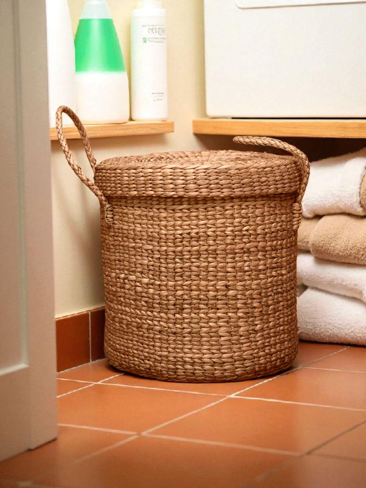 Woven Kauna Grass Laundry Basket with Lid and Handles, Round, 14 Inch, 45 Litre Capacity-image-48