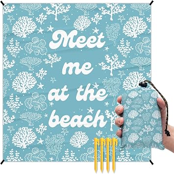 Meet Me at The Beach Pocket Picnic Blankets, Blue Ocean Coastal Outdoor Beach Camping Blanket Waterproof Sandproof, Sea Coral Grass Mini RV Picnic Mat for Camper Campsite Travel 55x60in