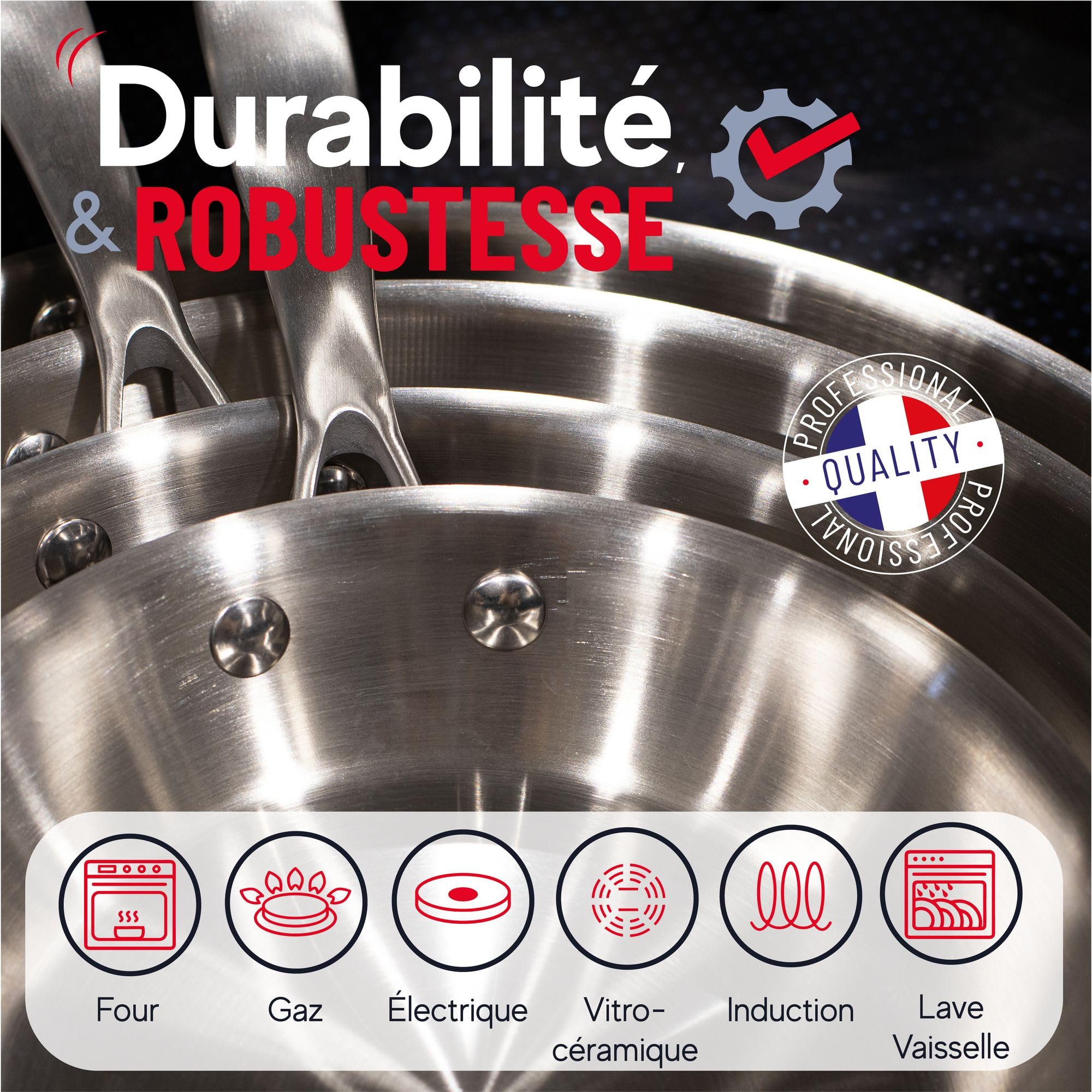 MENASTYL - Lot de 3 poêles inox 18/10 Triply tous feux dont induction fabriquées en France - sans PFAS ni substances nocives - Compatibles lave-vaisselle - 20, 24 et 28 cm - Poignée rivetée - 6014201