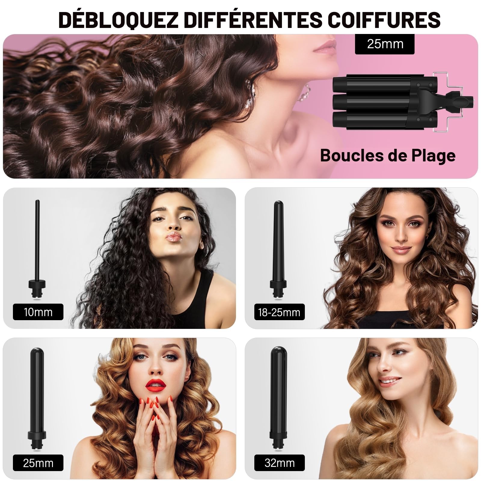 Janelove 5 en 1 Boucleur à Cheveux, 10-32mm Céramique Fer a Friser Kit avec 25mm Boucleur 3 Tete & Gants & Nylon Sac (180°C/210°C, 100-240V, Arrêt Automatique, Pour Les Voyages & Les Cadeaux) - Noir