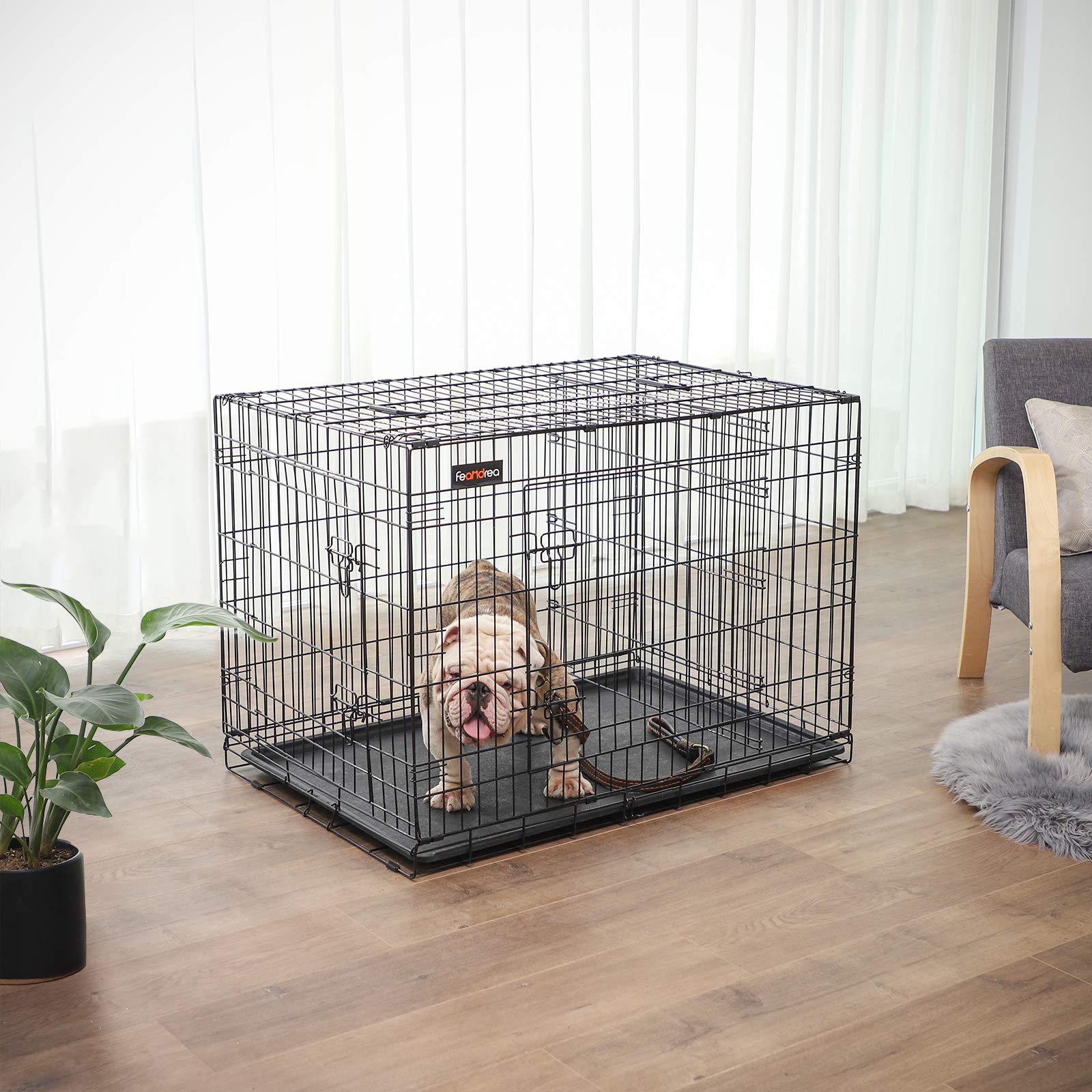 Feandrea Gabbia per Cani Pieghevole, con 2 Porte, Divisorio, Vassoio Rimovibile, 107 x 70 x 77,5 cm, XL, Nero PPD42BK