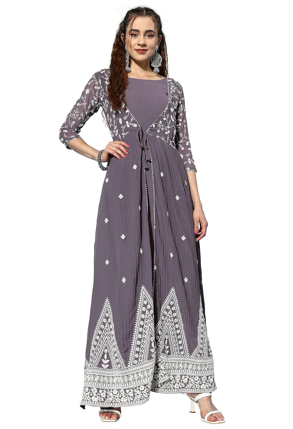 LYMI LABEL Gown For Women – Georgette 3/4 Sleeve Long Maxi Dress Gown With Attached Shrug For Traditional, Indo Western Ethnic Wear LYMI LABEL Gown For Women – Georgette 3/4 Sleeve Long Maxi Dress Gown With Attached Shrug For Traditional, Indo Western Ethnic Wear