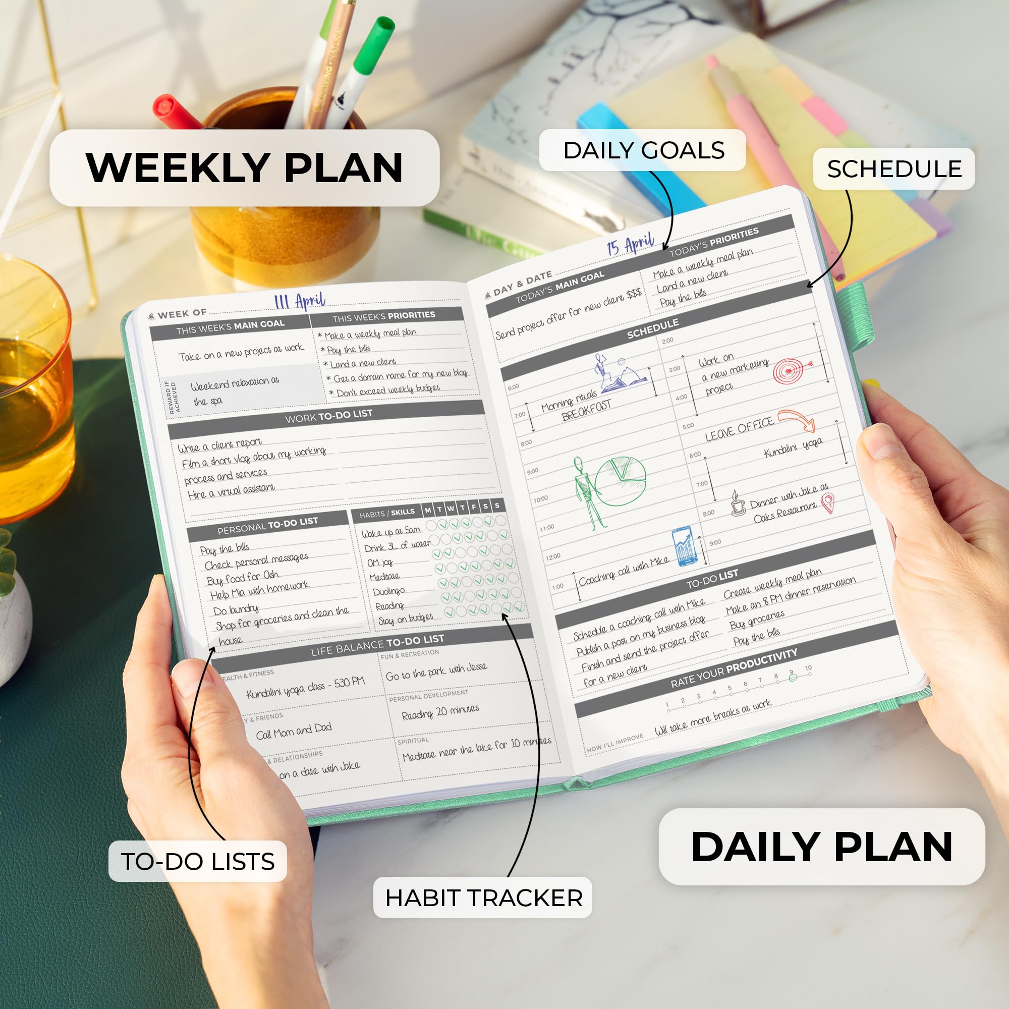 Clever Fox Planificador diario - La mejor agenda y calendario diario para aumentar tu productividad, satisfacción y objetivos - Organizador personal diario - A5, Sin fecha - Menta (Inglés)