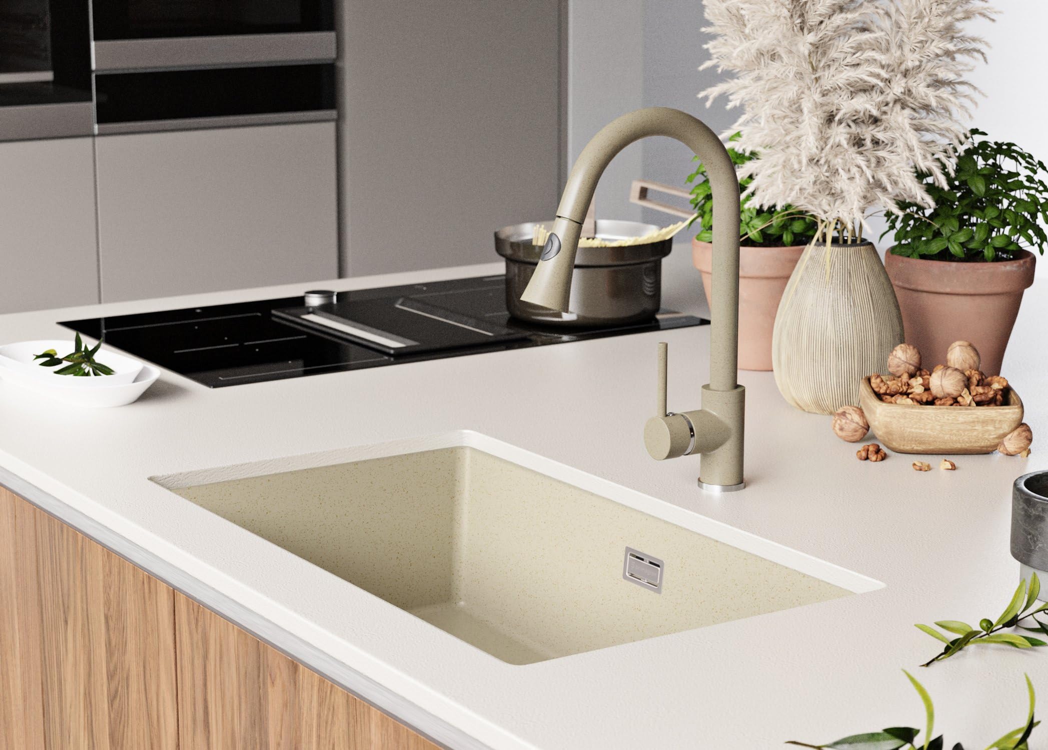 PRIMAGRAN Evier sous Plan Beige - London, 76x47cm | Evier en Granit 1 Bac + Robinet 32x20cm + Kit d'accessoires, Évier au Meuble 80cm (S493)