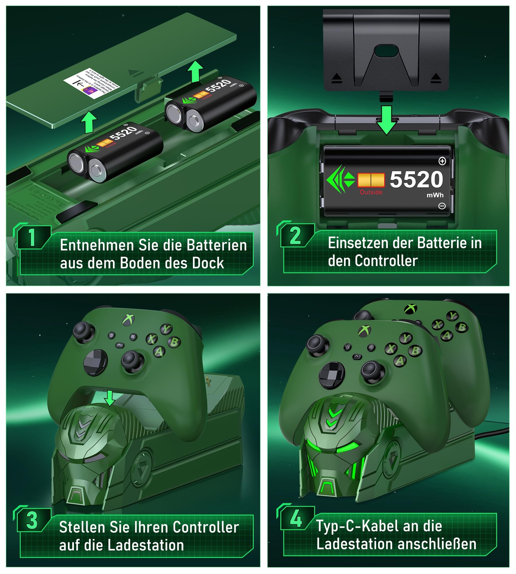 Dock di ricarica HELLCOOL per controller Xbox con batteria ricaricabile da 2x5520mWh per Xbox Series X|S, Xbox One/Elite/S|X Controller, confezione di batterie per caricabatterie Xbox con vano