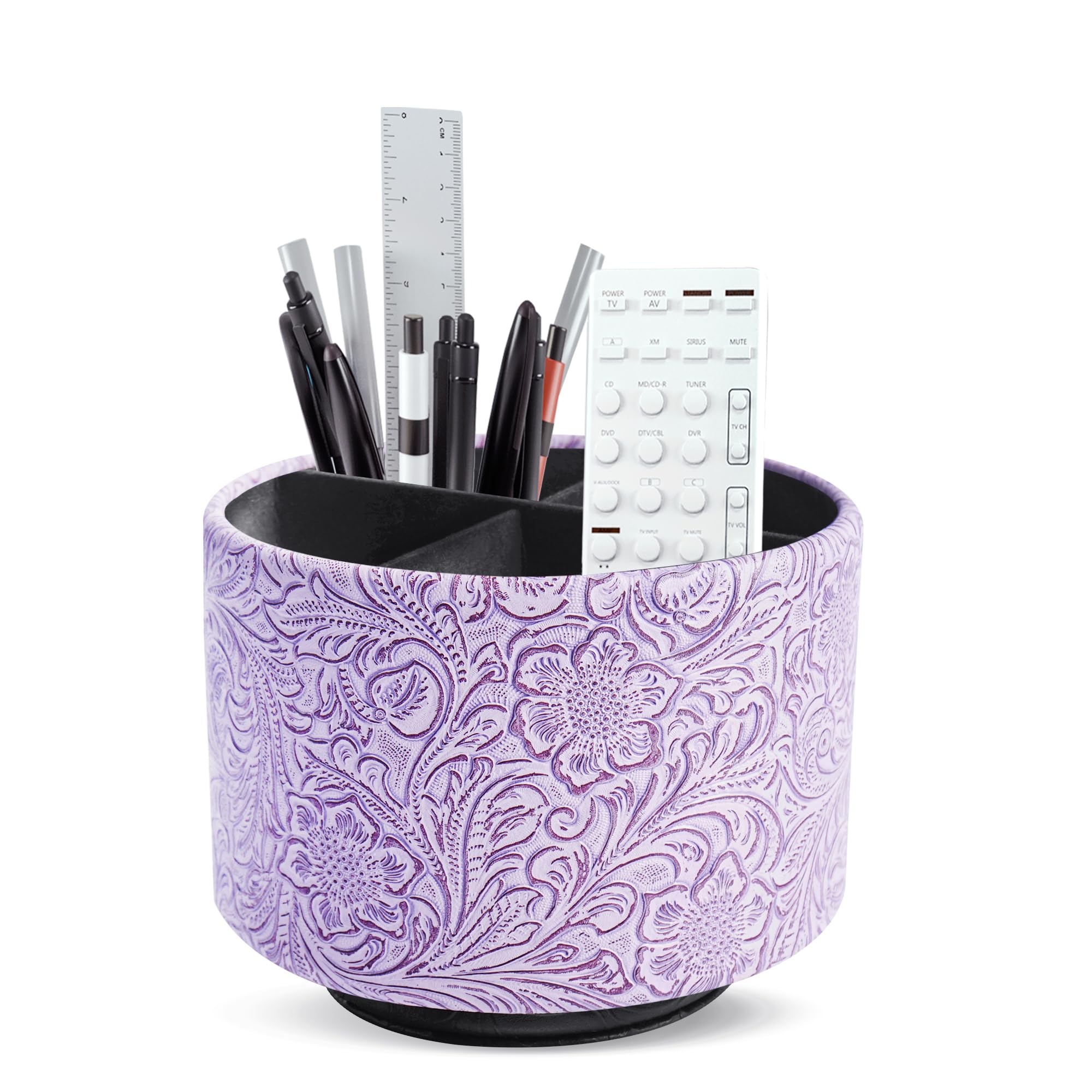 Mtzmy Round Leather Art Supply Organizer,Remote Control Holder,360 Degree Spinning,Multi-Functional Pencil Holder,4 Compartments Desktop Stationary Organizer(1-Carved Purple) — image 1