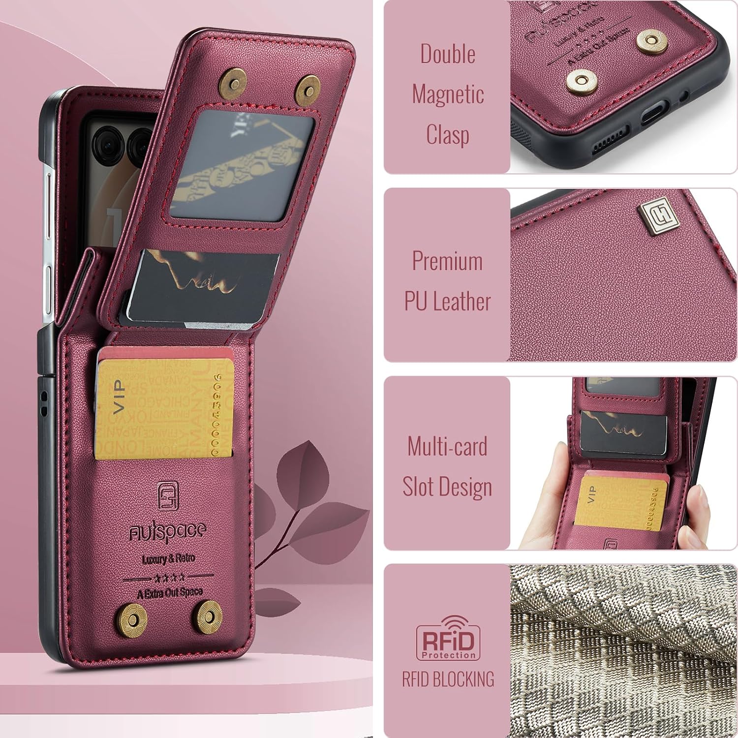 Crossbody Case Compatible with Motorola Razr 2024/2025 [Not Fit Moto Razr Plus or Ultra],Retro PU Leather Strap Wristlet Flip Case with Magnetic Closure and Card Holder for Men Women Wine Red