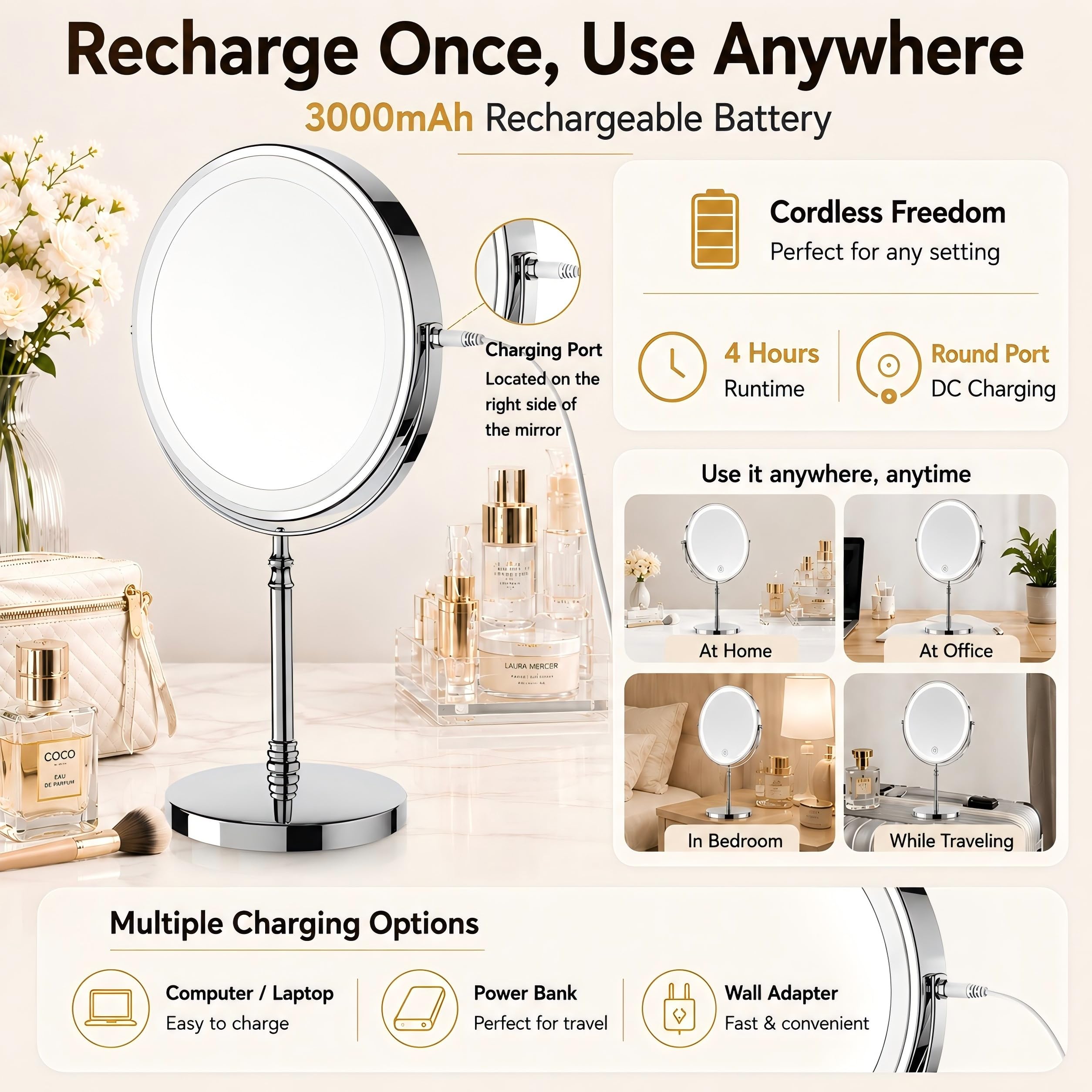 Rechargeable Vanity Mirror with Lights - 10X Magnification -4
