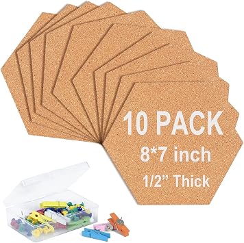 10 Pack Cork Bulletin Board Hexagon - Decorative Display Boards, 1/2" Thick Self-Adhesive Cork Board Tiles for Home Office Decor, School Message Board 10 Pcs