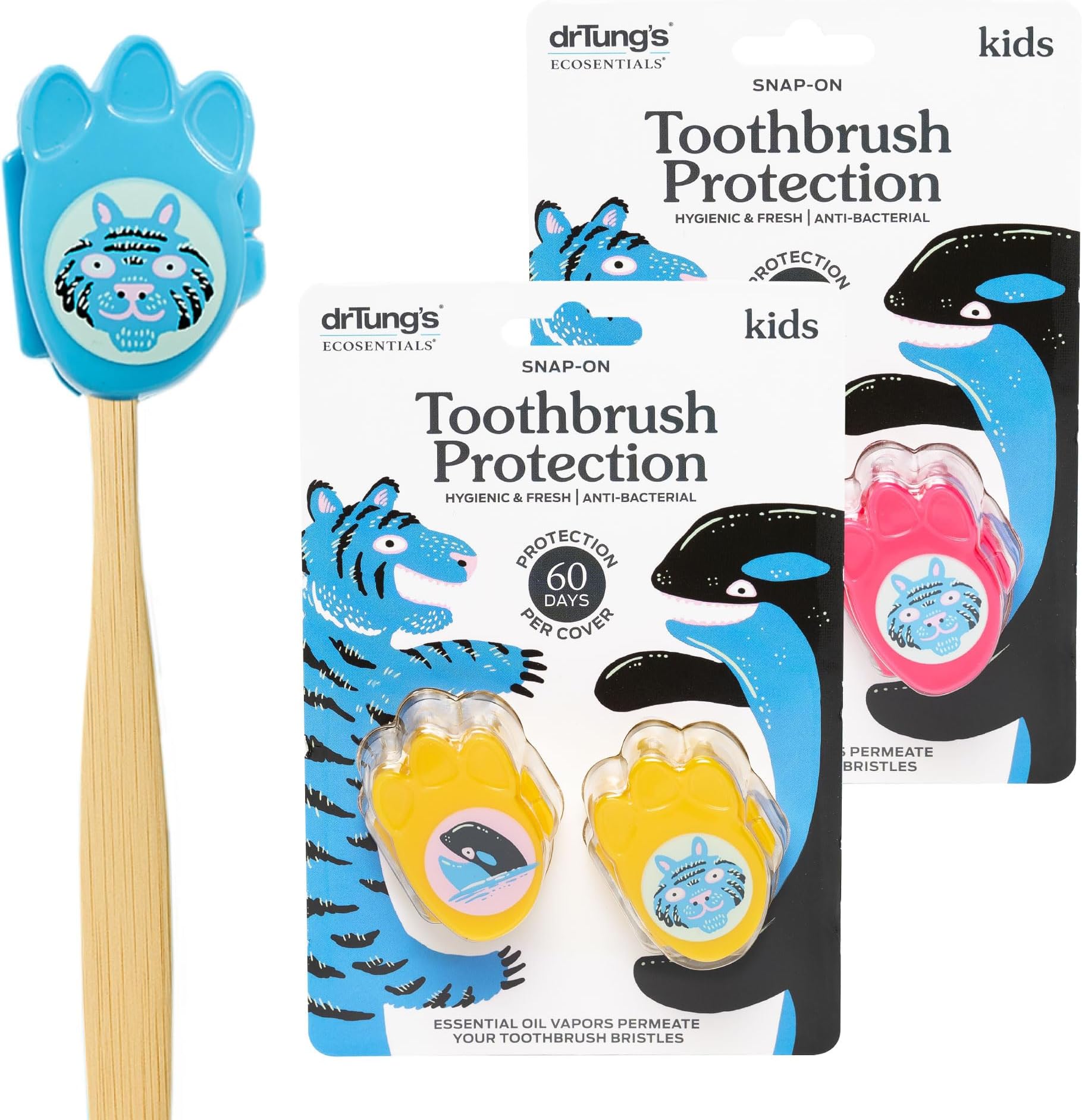 Kids Snap-On Toothbrush Protection - Toothbrush Head Cover Caps for Travel or Household, Keeps Bristles Fresh, Kid-Safe Natural Essential Oil Blend - 2 Protectors (2 Pack)