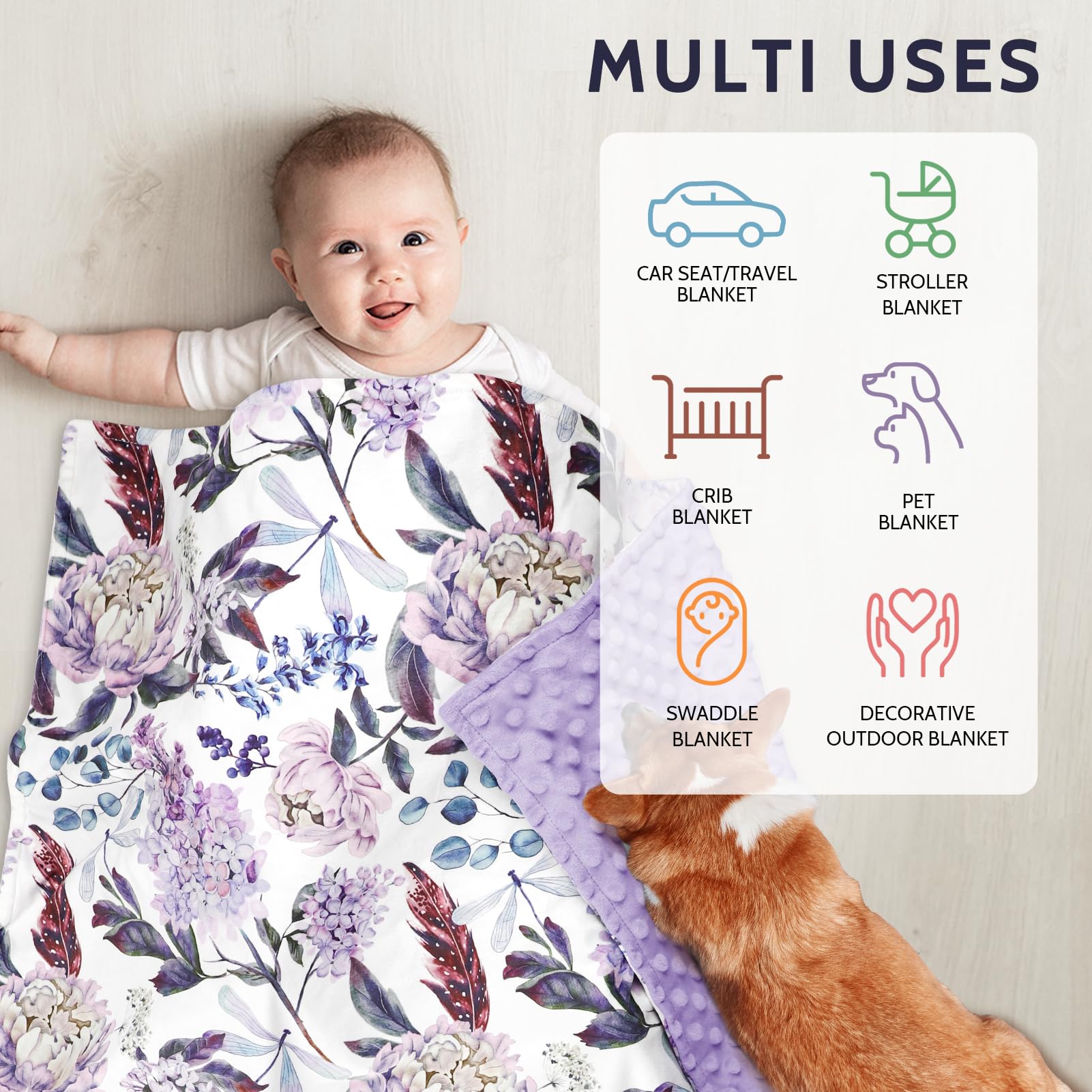 Mantas moradas para bebé, manta floral Minky para niños y niñas, respaldo punteado, doble capa, manta de recepción de cuna, para guardería, cochecito, cama de niño pequeño, asiento de coche