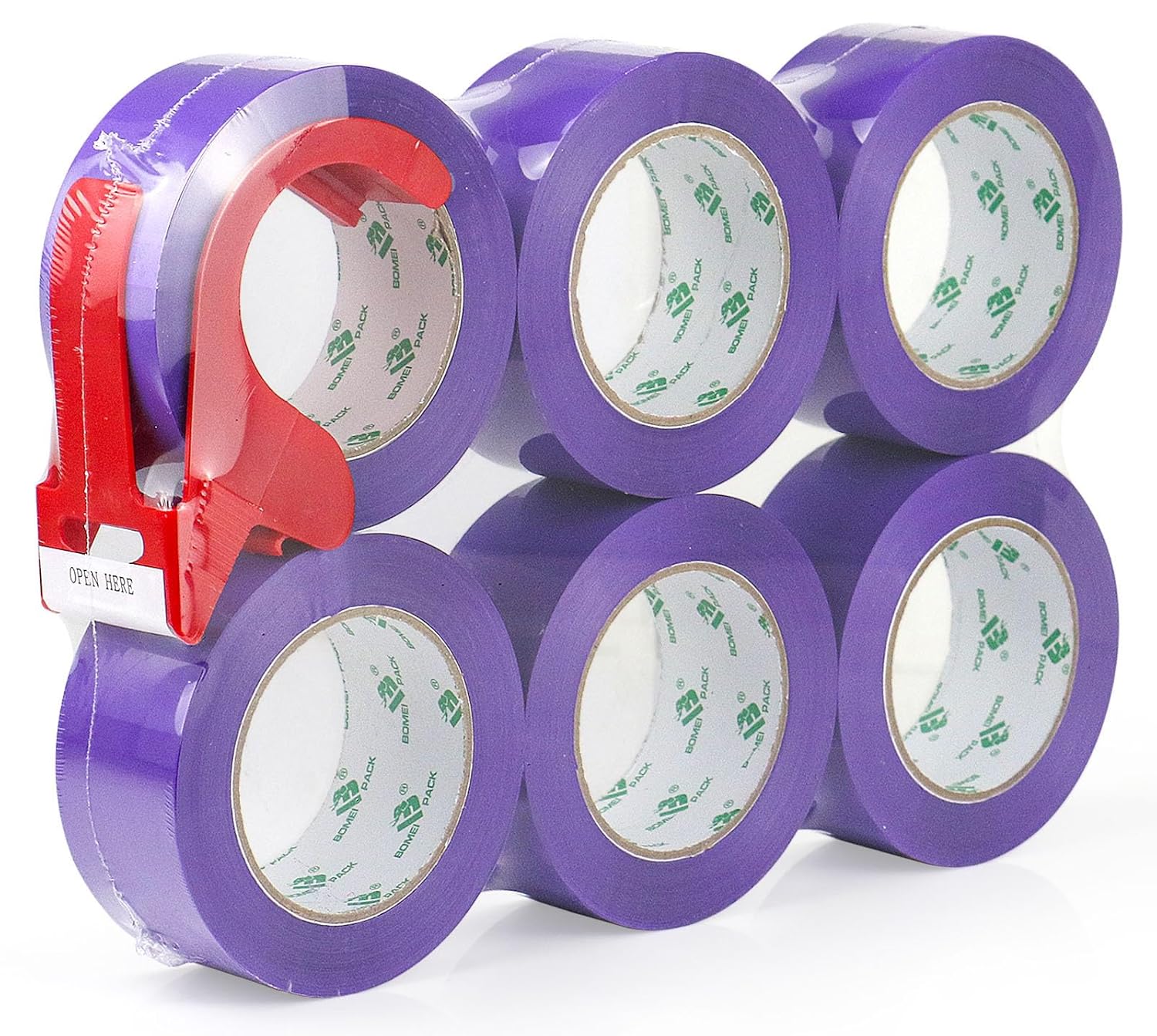 BOMEI PACK Purple Packing Tape with Dispenser, 2.4 Mil 1.88 Inch x 110 Yards, 6 Refills Rolls Purple Color Box Packaging Tape for Moving, Shipping, Mailing and Storage