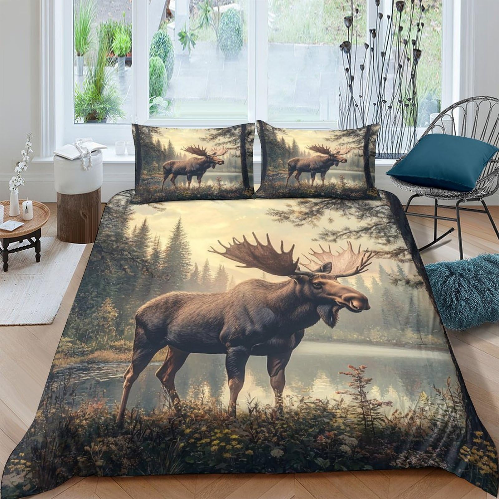 Ctjqhvkz Style-4 3D Printed Moose Forest Fitted Sheet Microfiber Soft Bedroom Decor Lake Scenery Mattress Cover For Home Single（135X200cm）