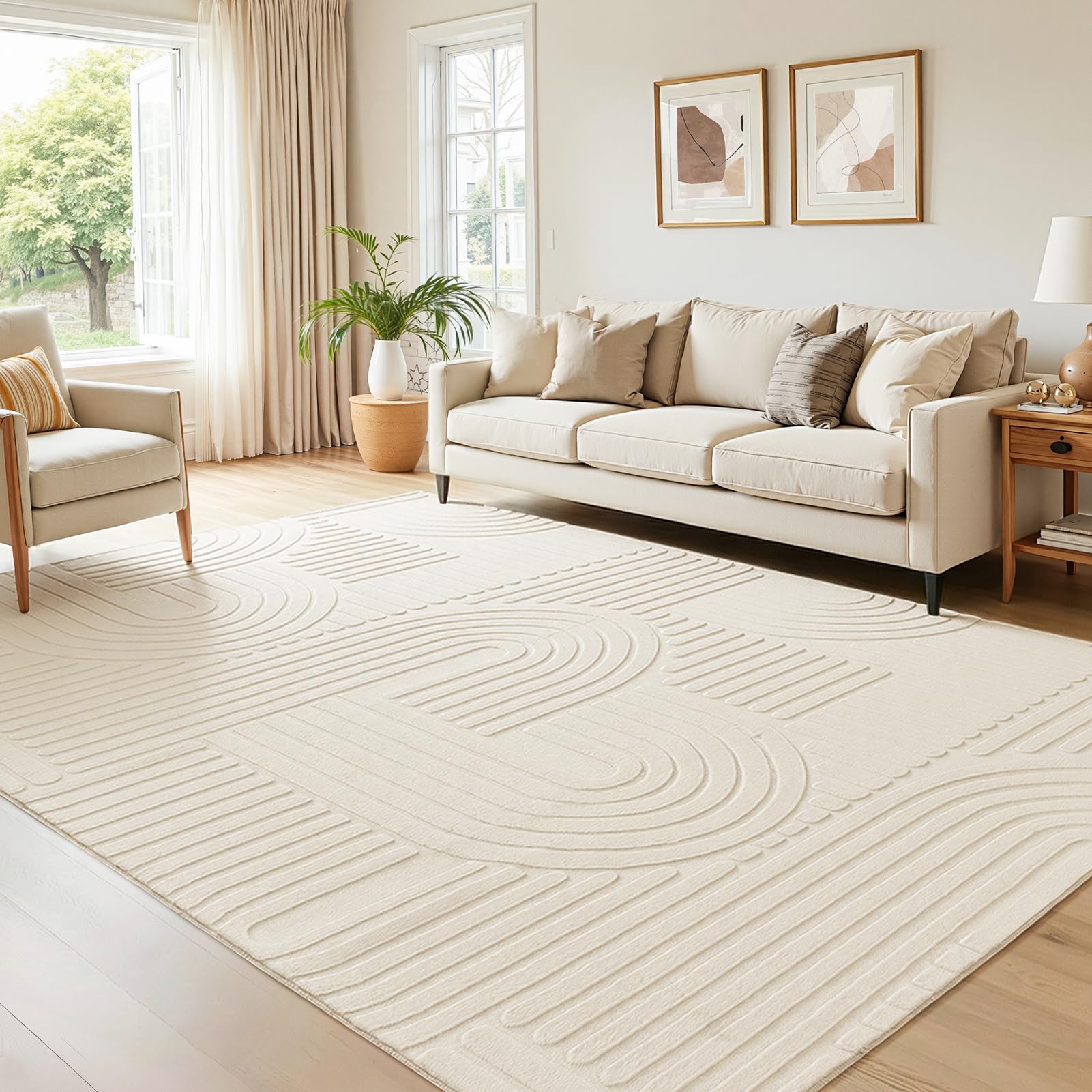 Topfinel Modern Wohnzimmer Teppich Weiß 200x290 Wellen 3D-Effekt Waschbarer Kurzflor Groß Weich Flauschig Antirutsch Teppiche Schlafzimmer Esszimmer Büro Einfarbig Creme Teppich Dauerhaft Felloptik