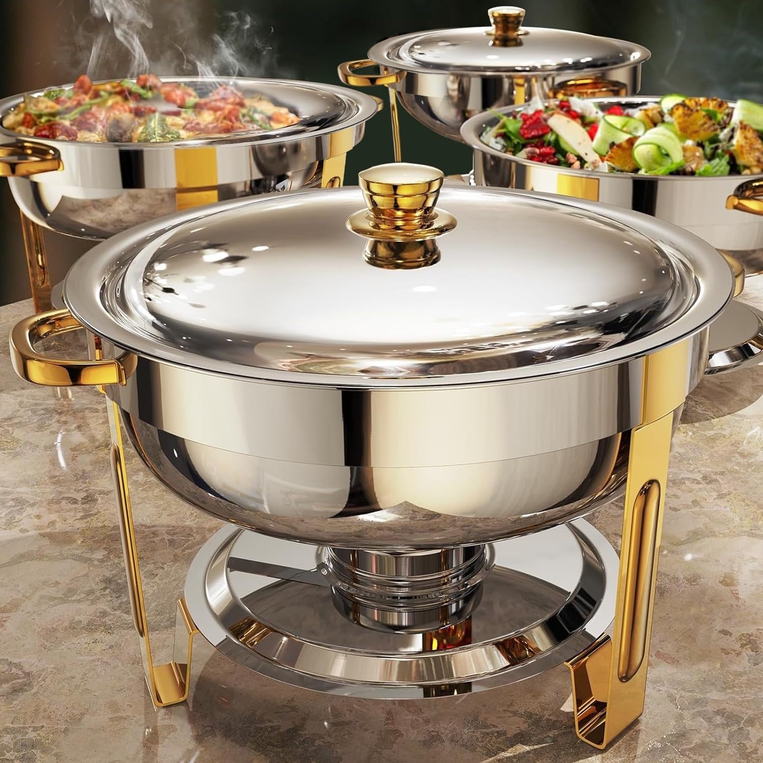 Okrągłe naczynie do wycierania 4,5 l ze stali nierdzewnej głębokie patelnie, zestaw naczyń, bufet, catering, imprezy, z uchwytem na paliwo, kuchenka bufetowa (złoty, stalowa pokrywa)