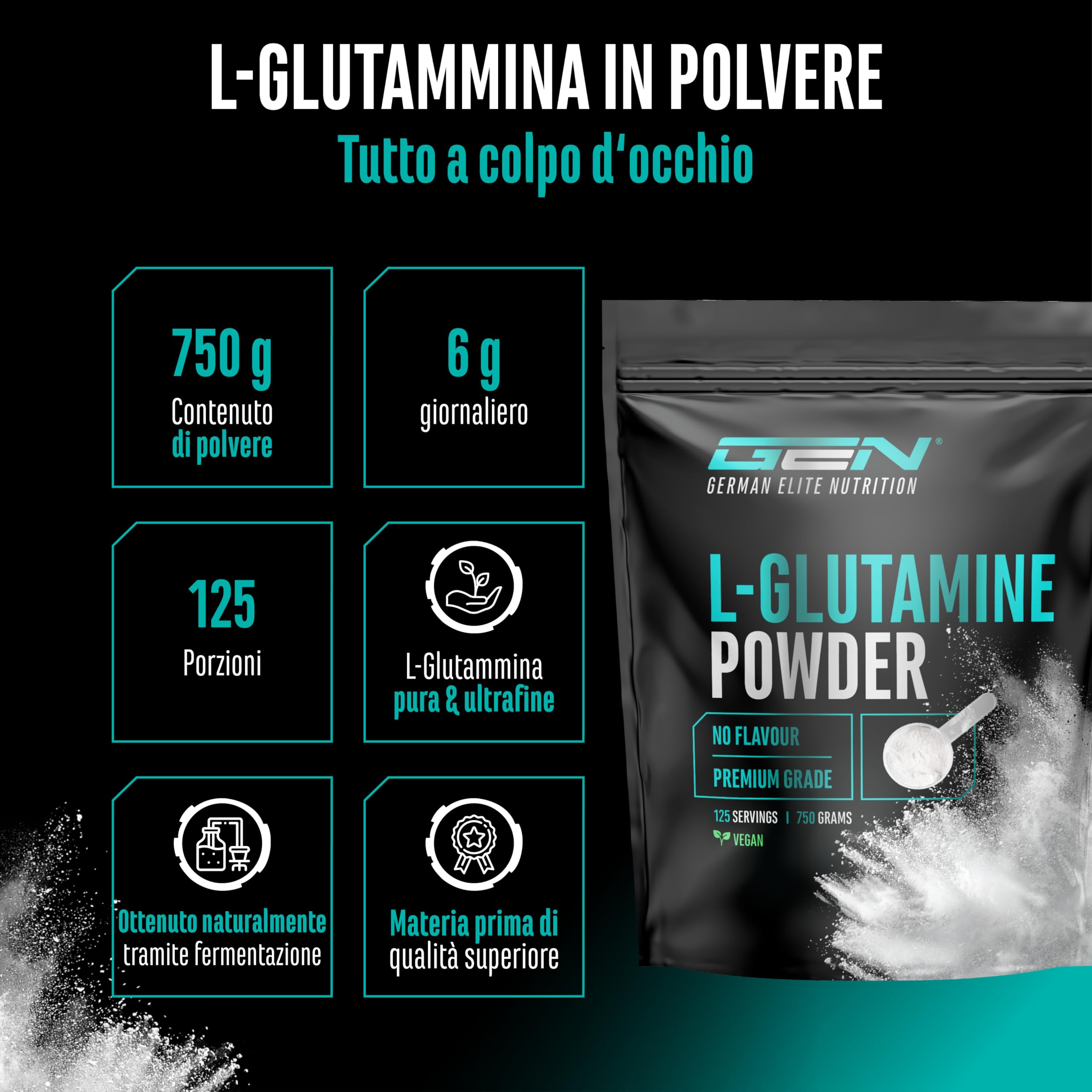 L-Glutammina in polvere - 750 g - Premium: pura e ultrafine senza additivi - 100% aminoacido L-Glutammina micronizzato - Neutro non aromatizzato - Altamente dosato - Vegan