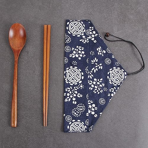 Juego de cubiertos de madera, estilo japonés, cuchara de madera reutilizable y palillos, vajilla portátil, utensilios de viaje, utensilios de