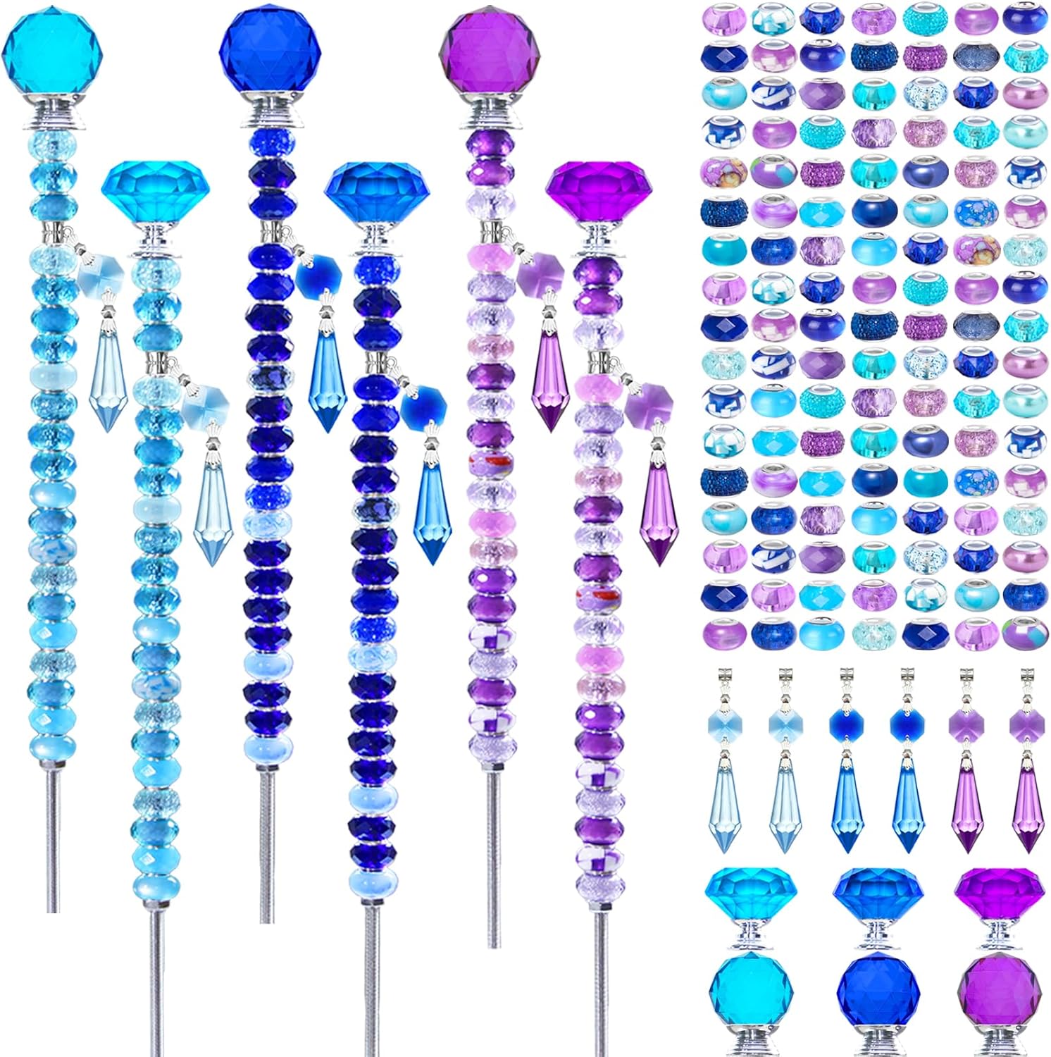 Exway 150 PCS DIY Fairy Wand Beaded Garden Stake Kits with Assortment Large Hole Beads 6 Crystal Stopper Top Threaded Rods and Sparkling Crystal Pendants for Outdoor Indoor Decor