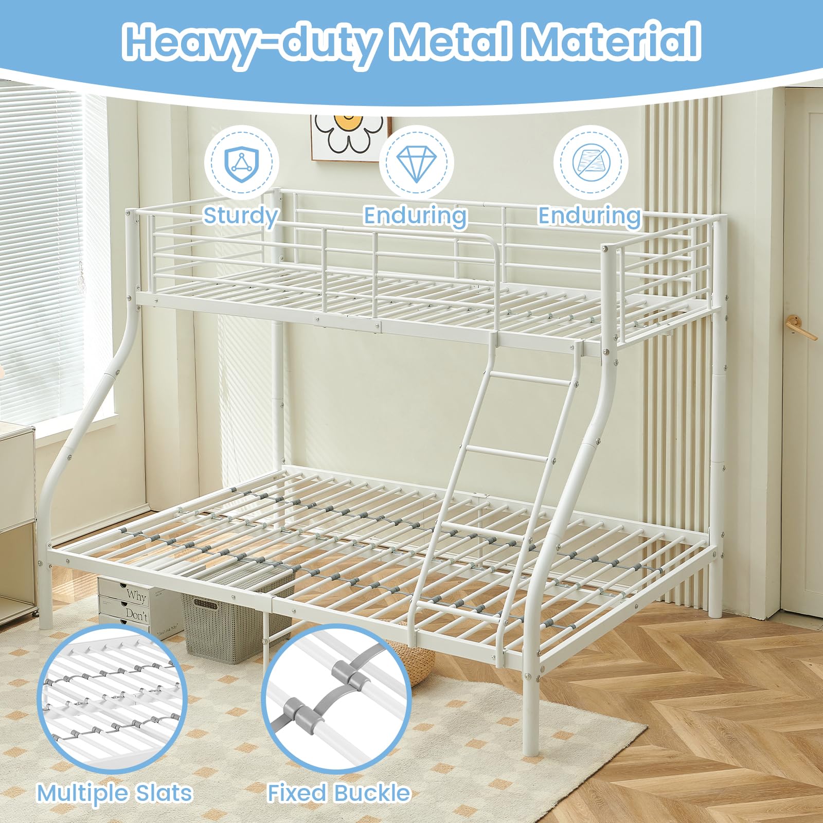 DORAFAIR Letto a castello a 3 posti in metallo 90 x 200 cm e 140 x 200 cm, letto per bambini e adulti, camera da letto casa, bianco
