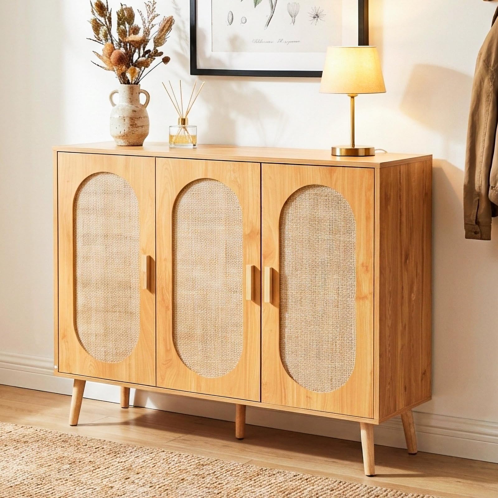 HOKEEPER Armario Zapatero de Ratán con 3 Puertas, Ideal para Recibidor o Entrada, Mueble Zapatero de Madera Estrecho, Veta de Madera