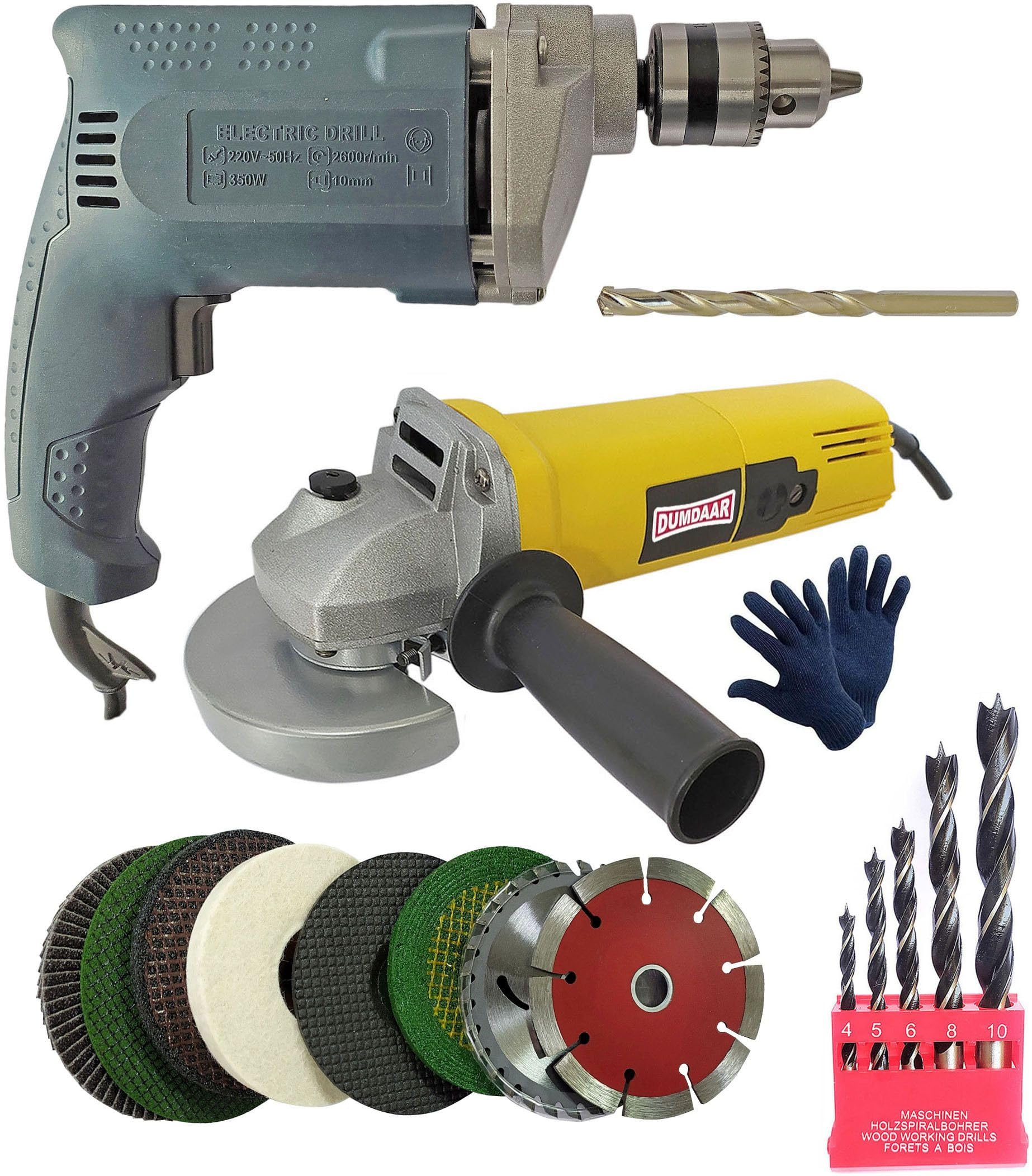 Inditrust 100% Copper Winding 6 Month Warranty 10mm Electric drill machine & Electric Angle Grinder Machine 100mm 8pcs Wheel Combo 5pc Wood 1pc Masonry & GLOVES (Pack of 13)-image-9
