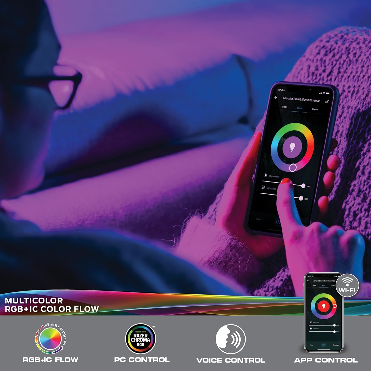 Monster Smart 100 Foot RGB+IC LED Strip Lights, Sound Reactive Strip Lights for Bedroom, App & Voice Control, RGB Light Strip for Room, Alexa Google Home, Razer Chroma Sync, 540 RGB+IC LED Lights