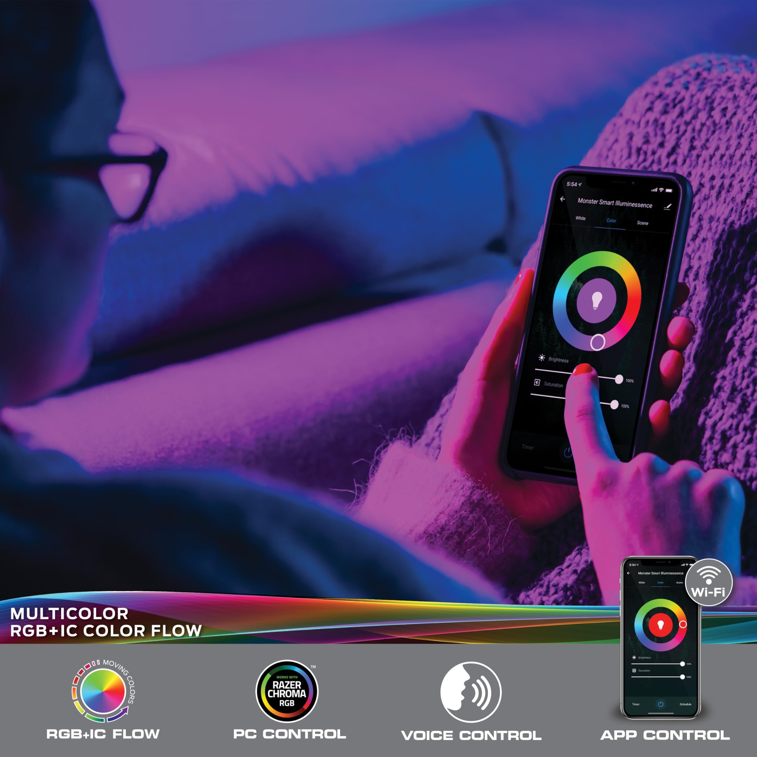 Monster Smart - Tira de luces LED RGB+IC de 100 pies, tira de luces reactivas de sonido para recámara, aplicación y control de voz, tira de luz RGB para habitación, Alexa Google Home, Razer Chroma