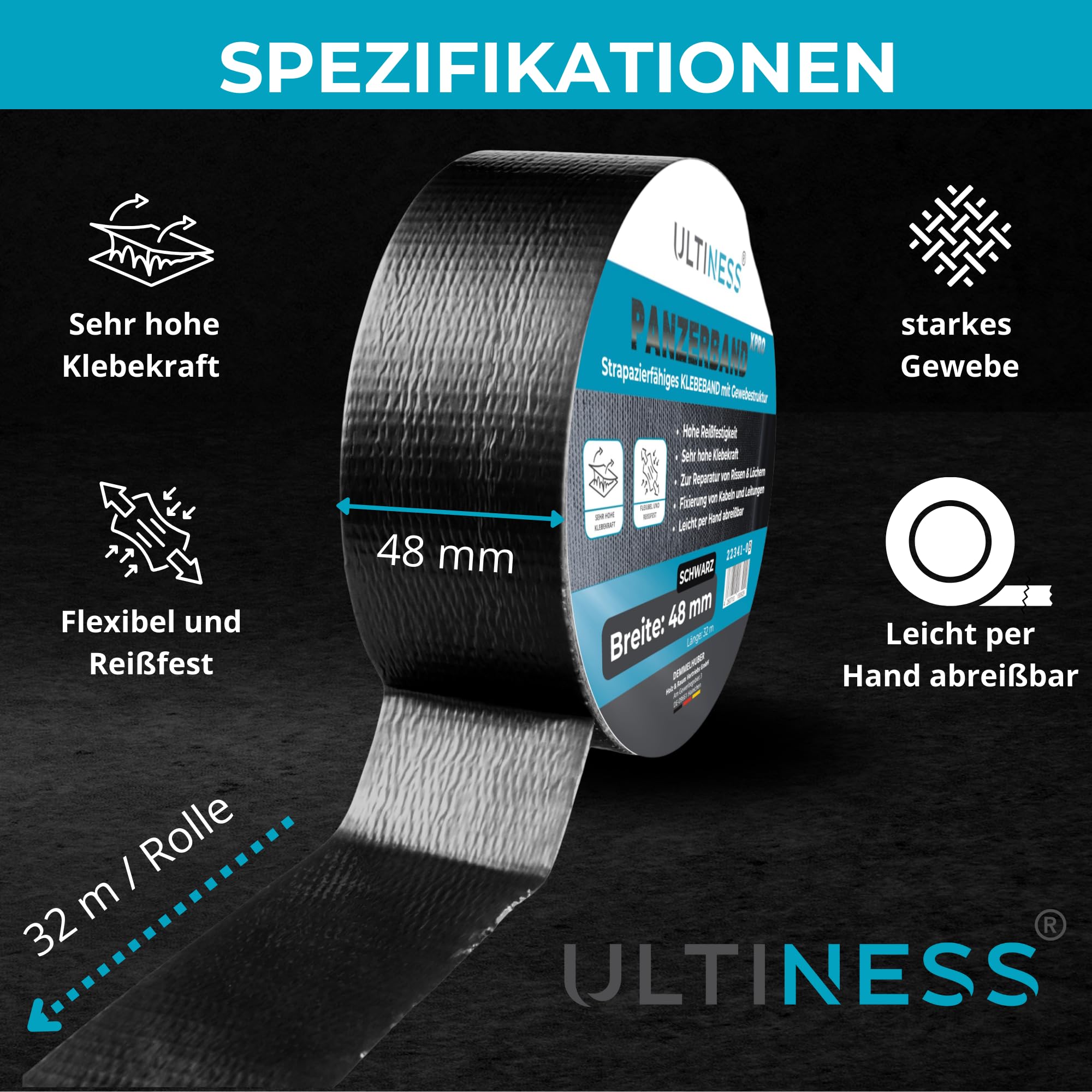 Panzerband schwarz, 48mm x 32m Gewebeband, Klebeband extra, 12 | stark, wasserdichtes Reparaturband, universelles Gewebeklebeband, Duct Tape leicht abreißbar, Allzweck-Klebeband